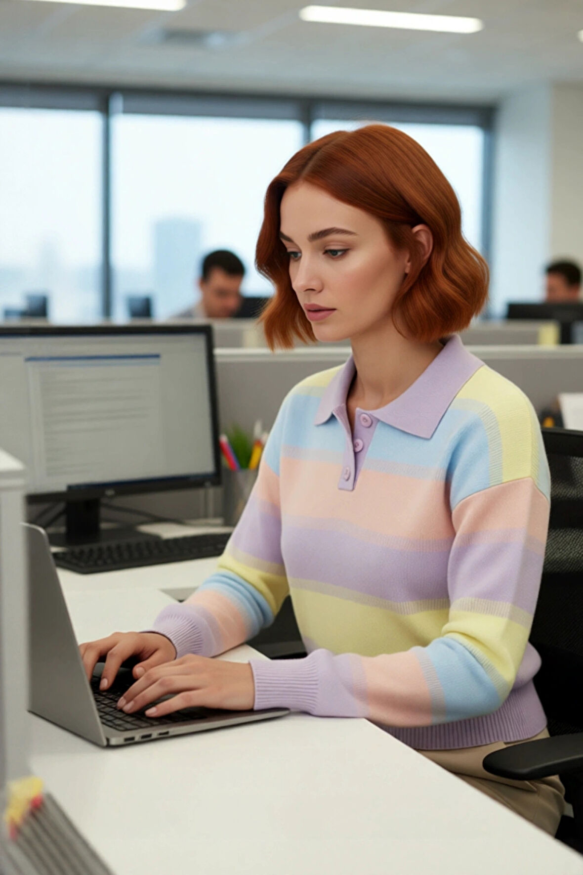 Kadın Basic Şık Regular Kesim Renk Bloklu Akrilik Triko Kazak Düşük Kol Polo Yaka Modeli Kaliteli