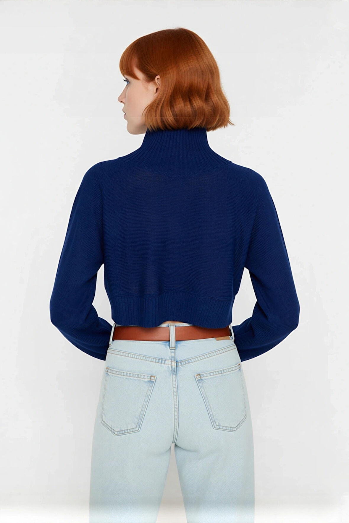 Kadın Ekru Oversize Süper Crop Dik Yaka Triko Kazak Düşük Kol Kışlık Güncel Moda Trendi Kaliteli