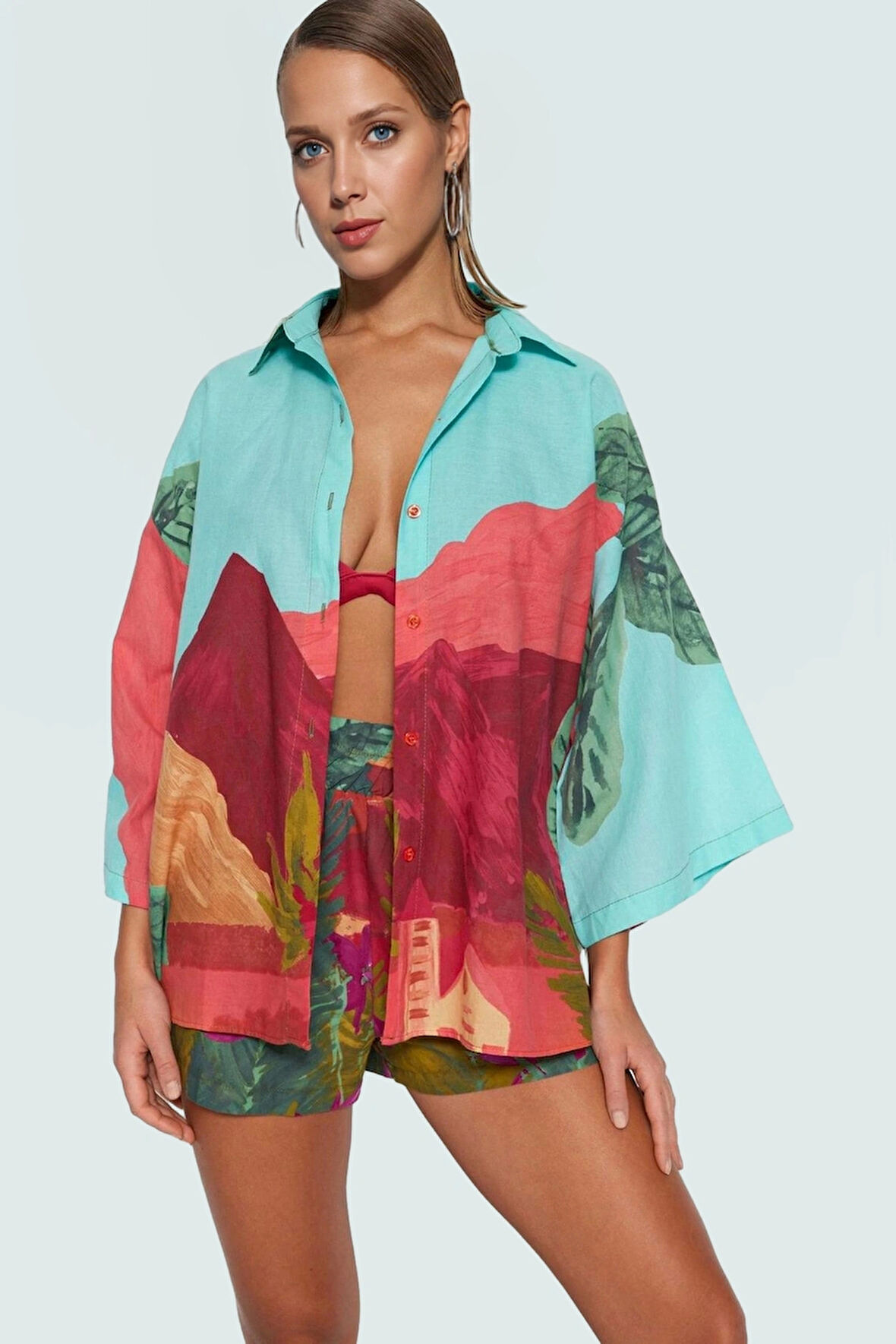 Rahat Pamuklu Manzara Desenli Gömlek Şort Takım Yazın Keyfini Çıkarın! Mükemmel Uyum Ve Şık