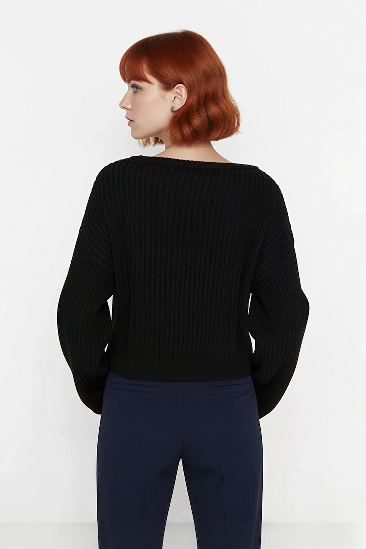 Kadın Gri Oversize Selanik Dokuma Bisiklet Yaka İspanyol Kol Crop Akrilik Triko Kazak Kaliteli