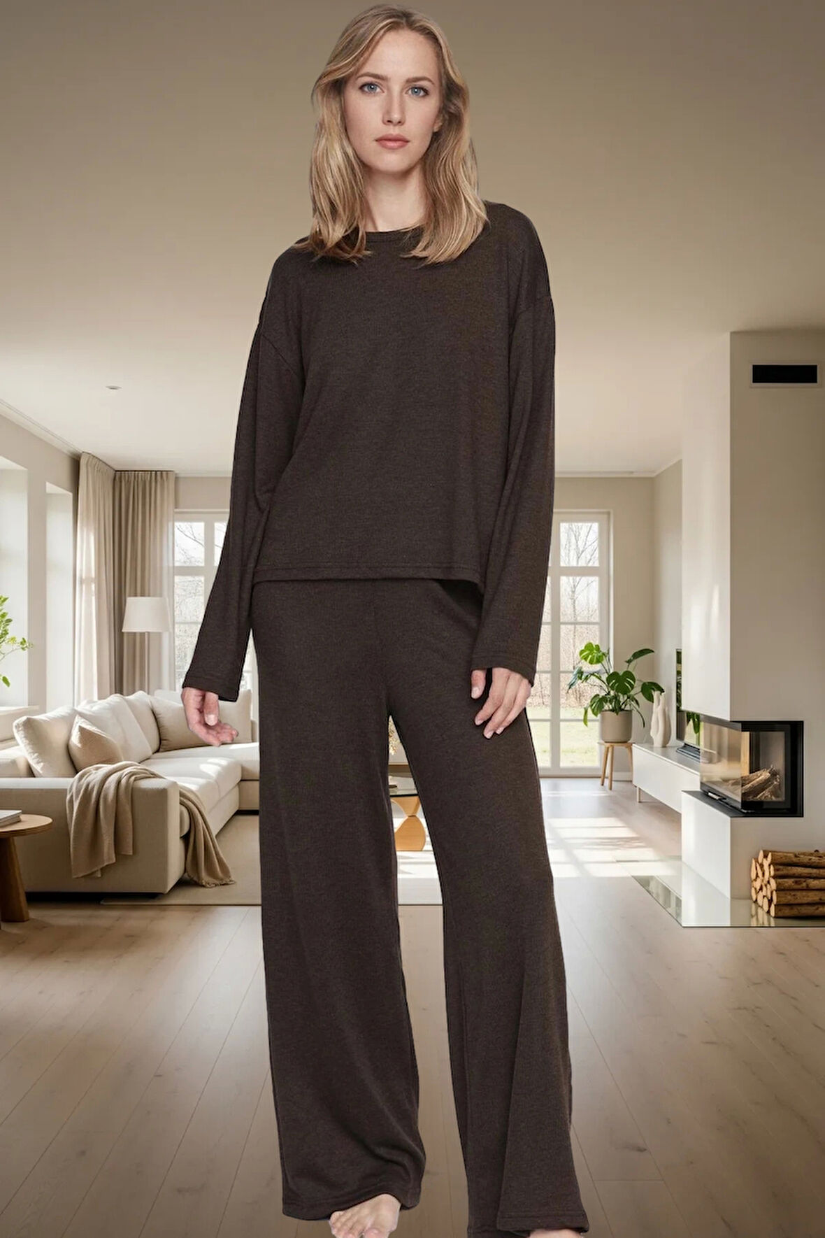 2'li Pijama Takımı Polyester Karışımlı Basic Rahat Kışlık Konforlu Kesim