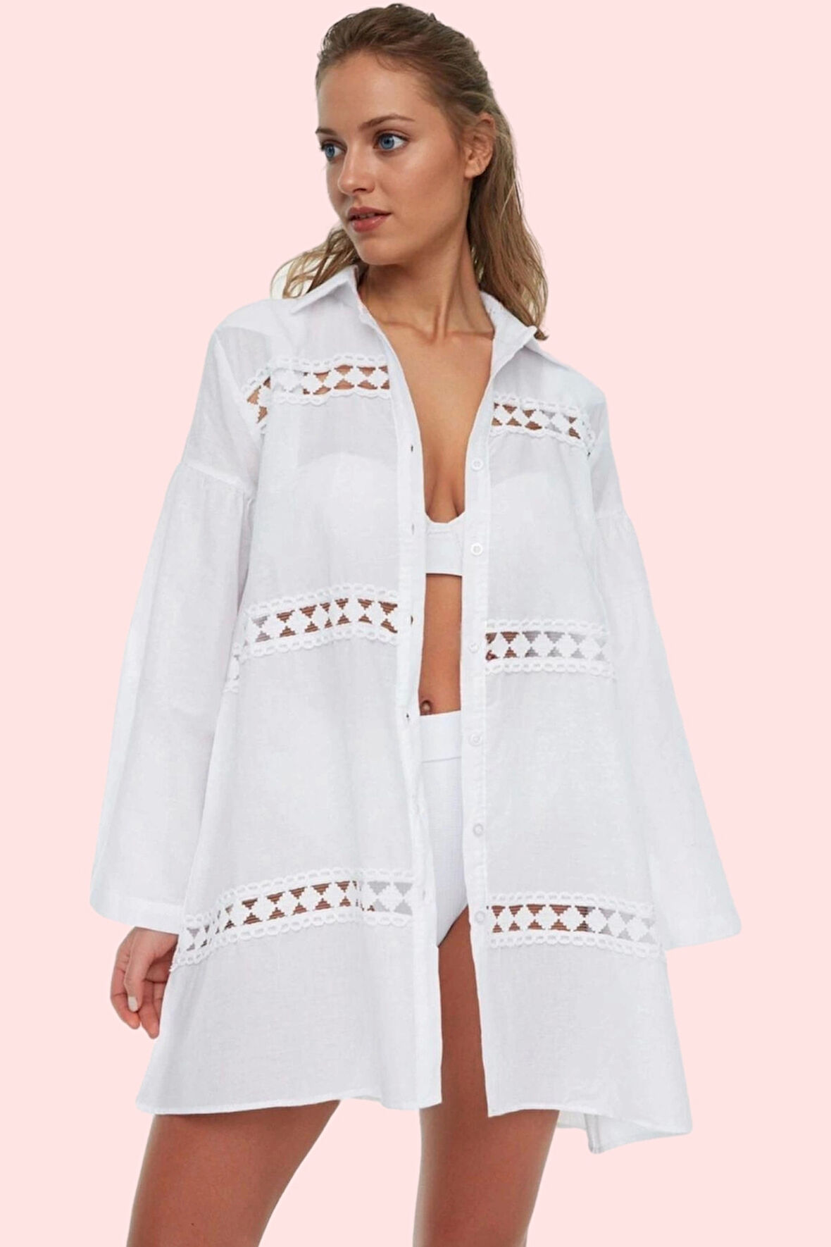 Kadın Basic Gömlek Pamuk Dokuma Kumaş Şerit Detaylı Plaj Şıklığı Yaz Aylarının Vazgeçilmezi