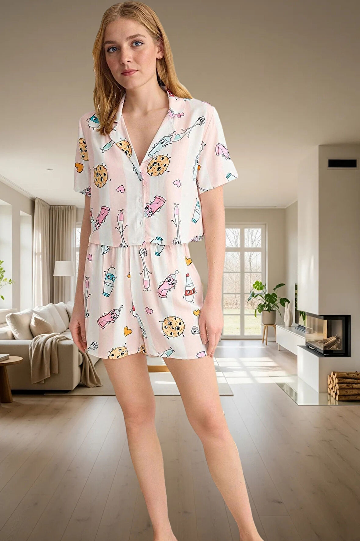 Viskoz Baskılı Pijama Takımı Şortlu Düğmeli Yazlık Rahat Kullanım Günlük İçin