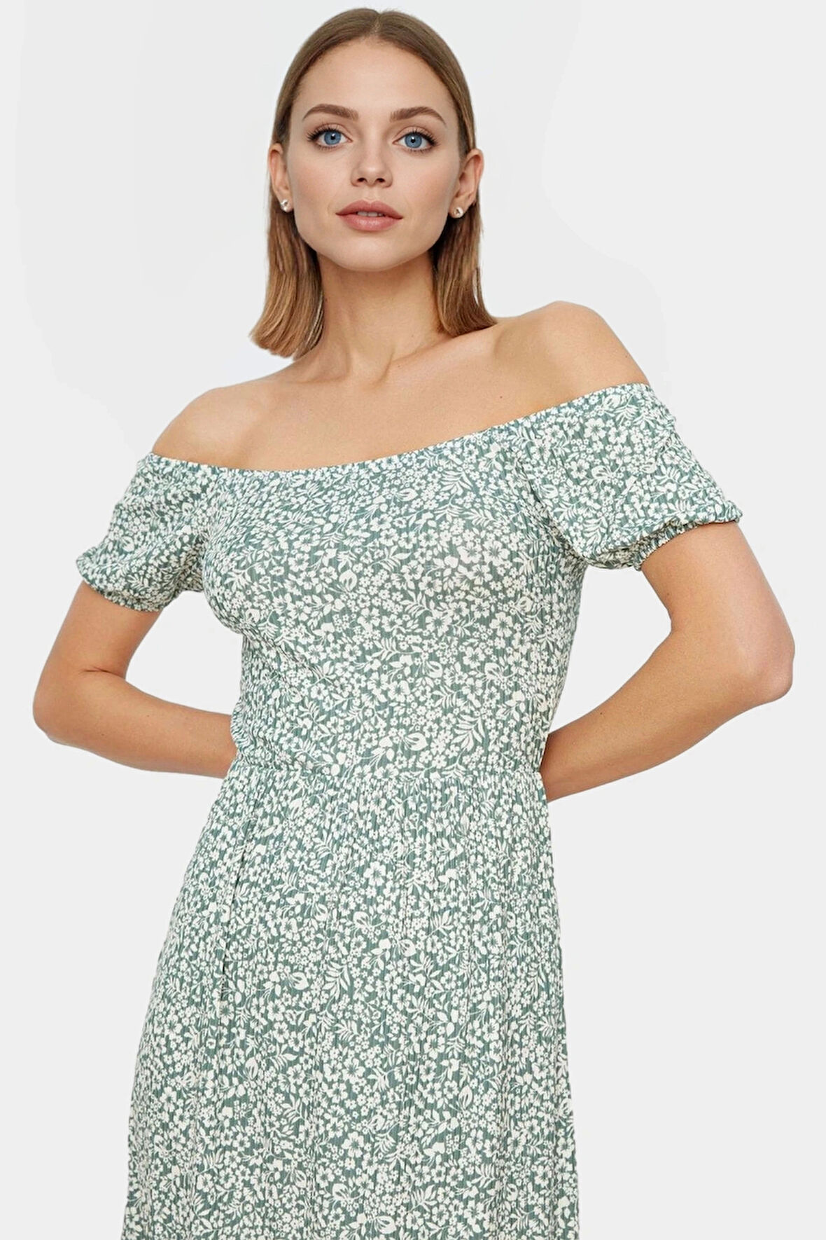 Rahat Örme Midi Elbise 93%Polyester 7%Elastan Carmen Yaka Puantiyeli Konforlu Kesim