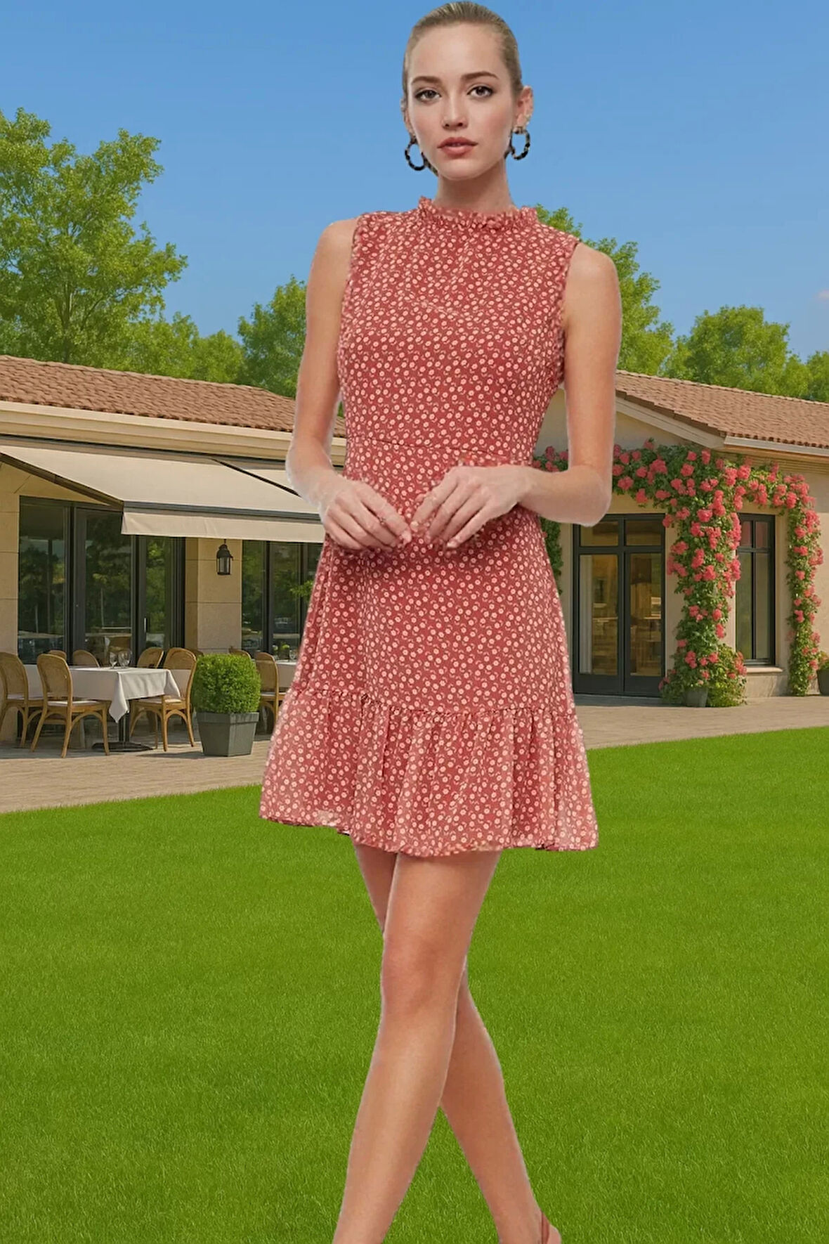 Yazlık Astarlı Mini Elbise Polyester Çiçekli Dokuma A Kesim Kaliteli İşçilik Mükemmel Uyum