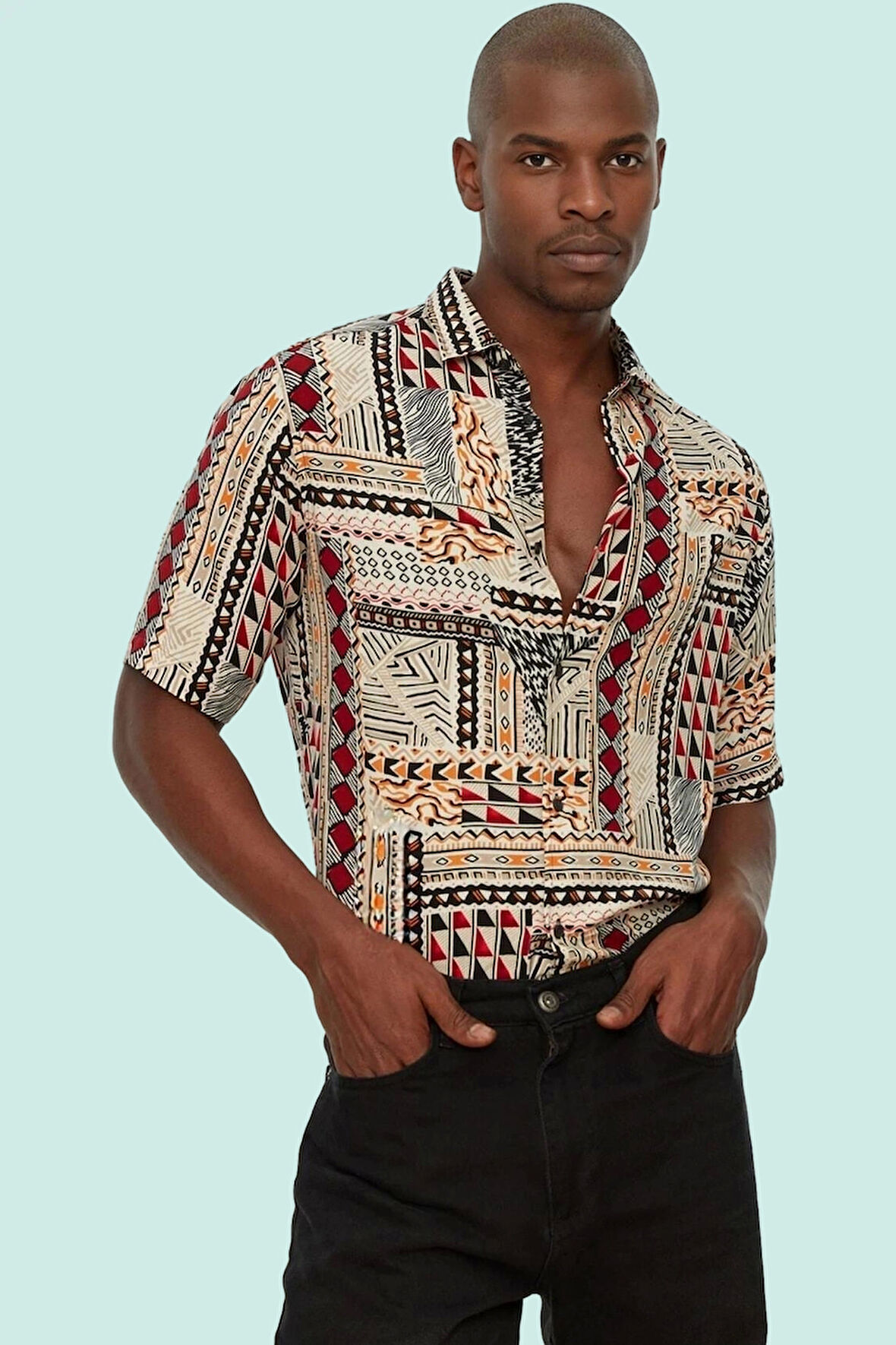 Erkek Regular Kalıp Viskon Etnik Desenli Kısa Kollu Gömlek Günlük Kullanım Kaliteli Malzeme