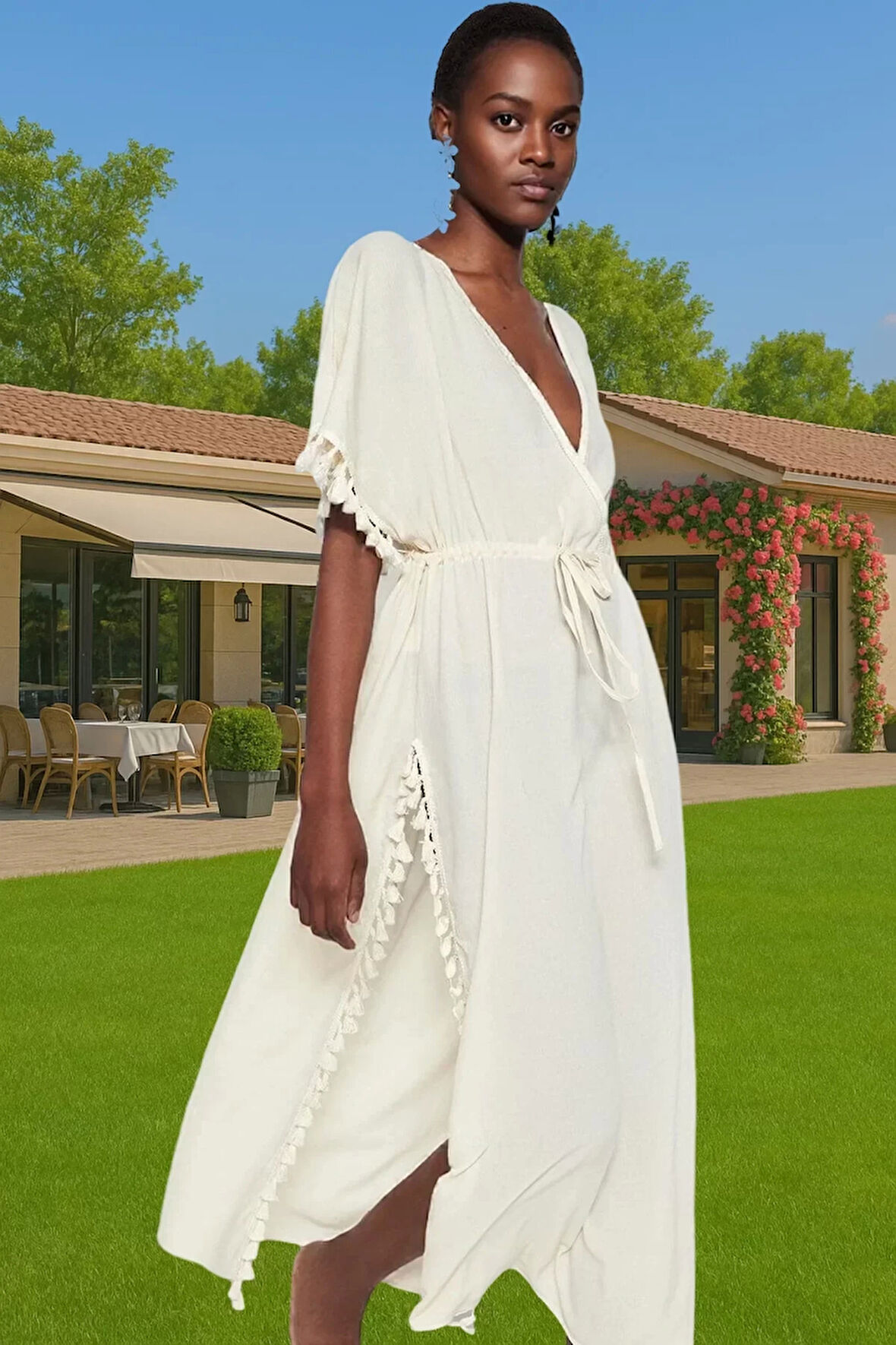 Yazlık Feminen Püsküllü Maxi Plaj Elbisesi V Yaka Seçkin Malzeme Profesyonel Görünüm Rahat Kullanım