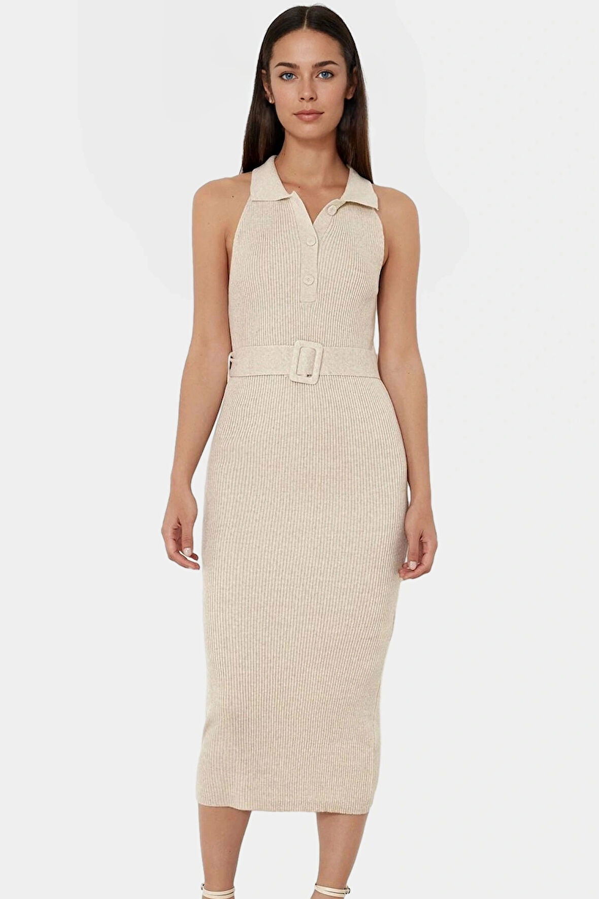 Yazlık Akrilik Midi Elbise Bodycon Kesim Polo Yaka Kemerli Konforlu Kaliteli İşçilik