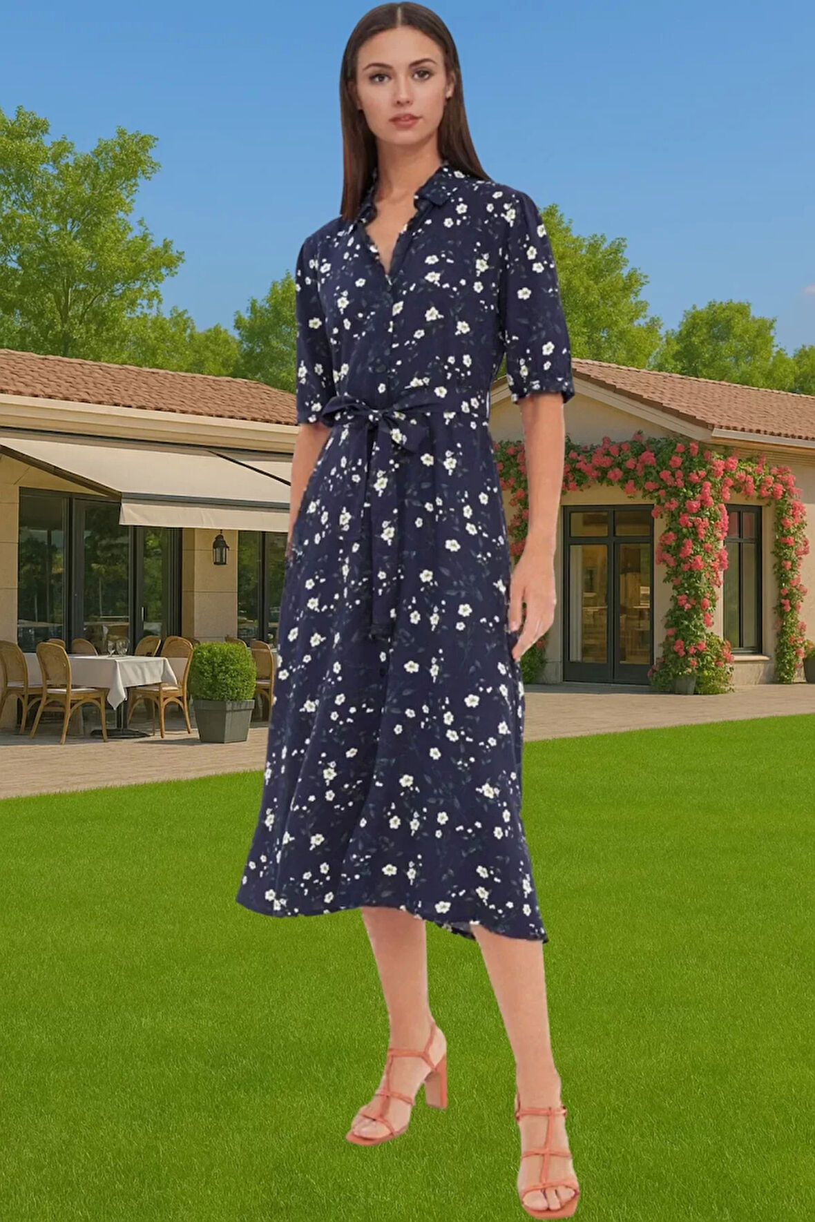 Kadın Yazlık Midi Gömlek Elbise Animal Desenli Viskoz Kumaş Rahat Kalıp Modern Stil Seçkin Malzeme