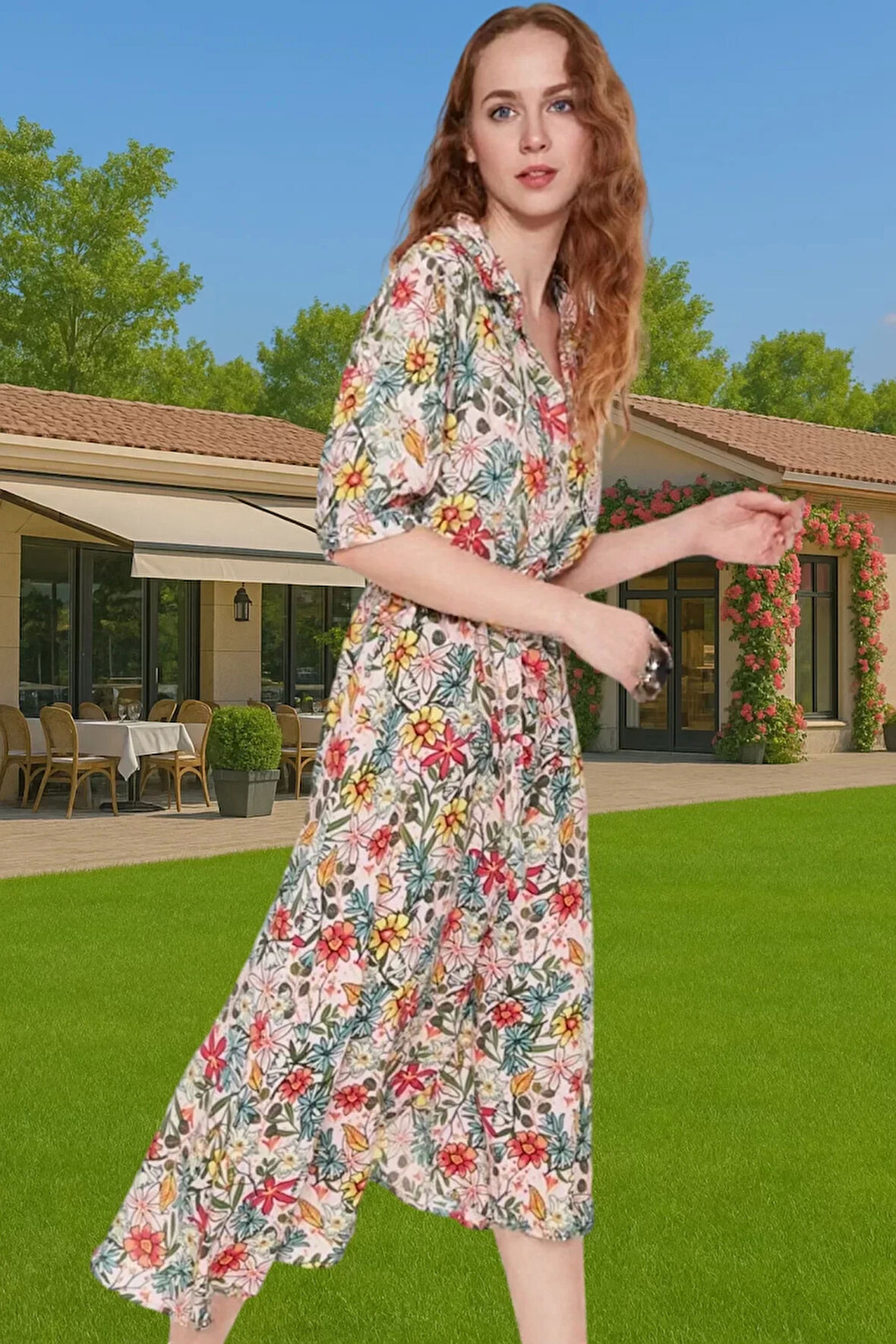 Kadın Yazlık Midi Gömlek Elbise Animal Desenli Viskoz Kumaş Rahat Kalıp Modern Stil Seçkin Malzeme