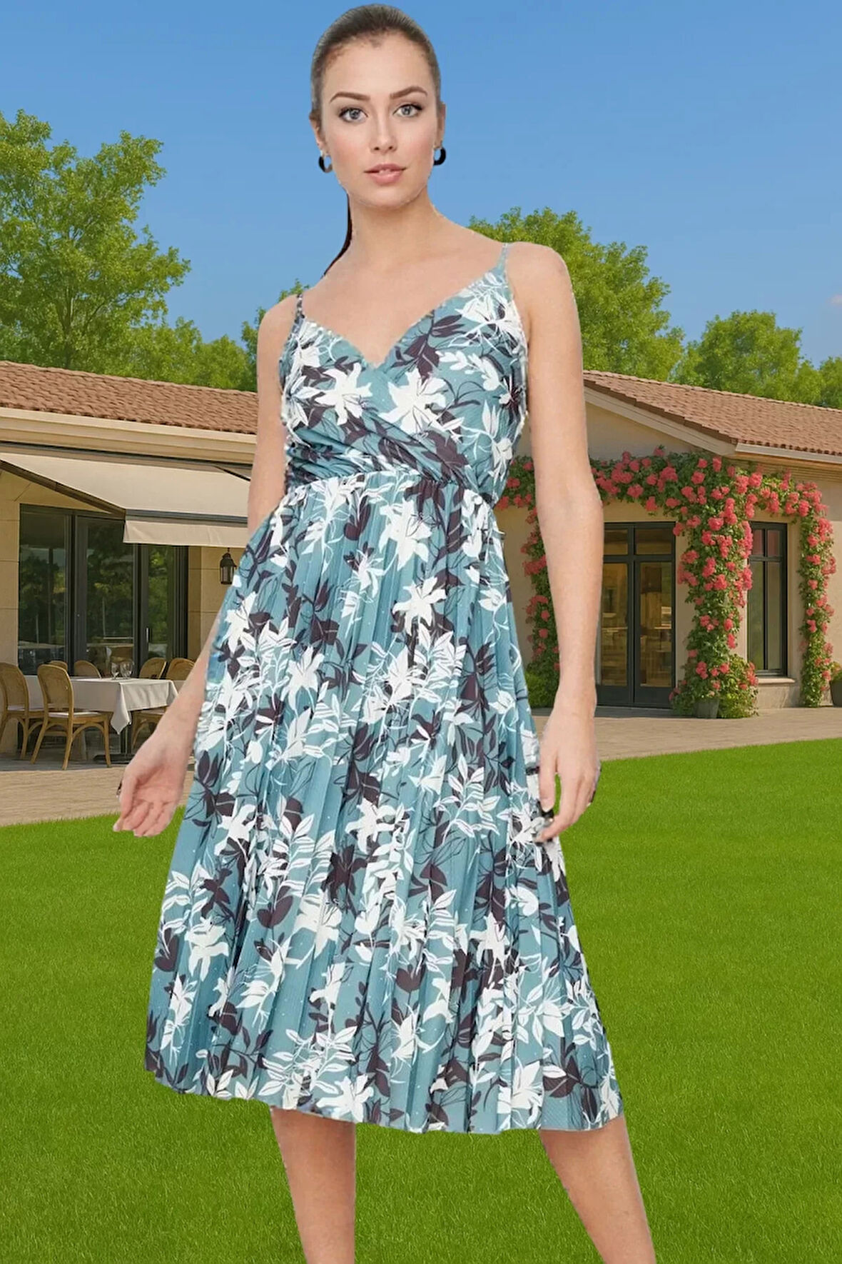 Şık Kadın Midi Elbise Polyester Elastan Astarlı Yazlık Özel Tasarım Zarifane Tasarım Rahat Ve Şık