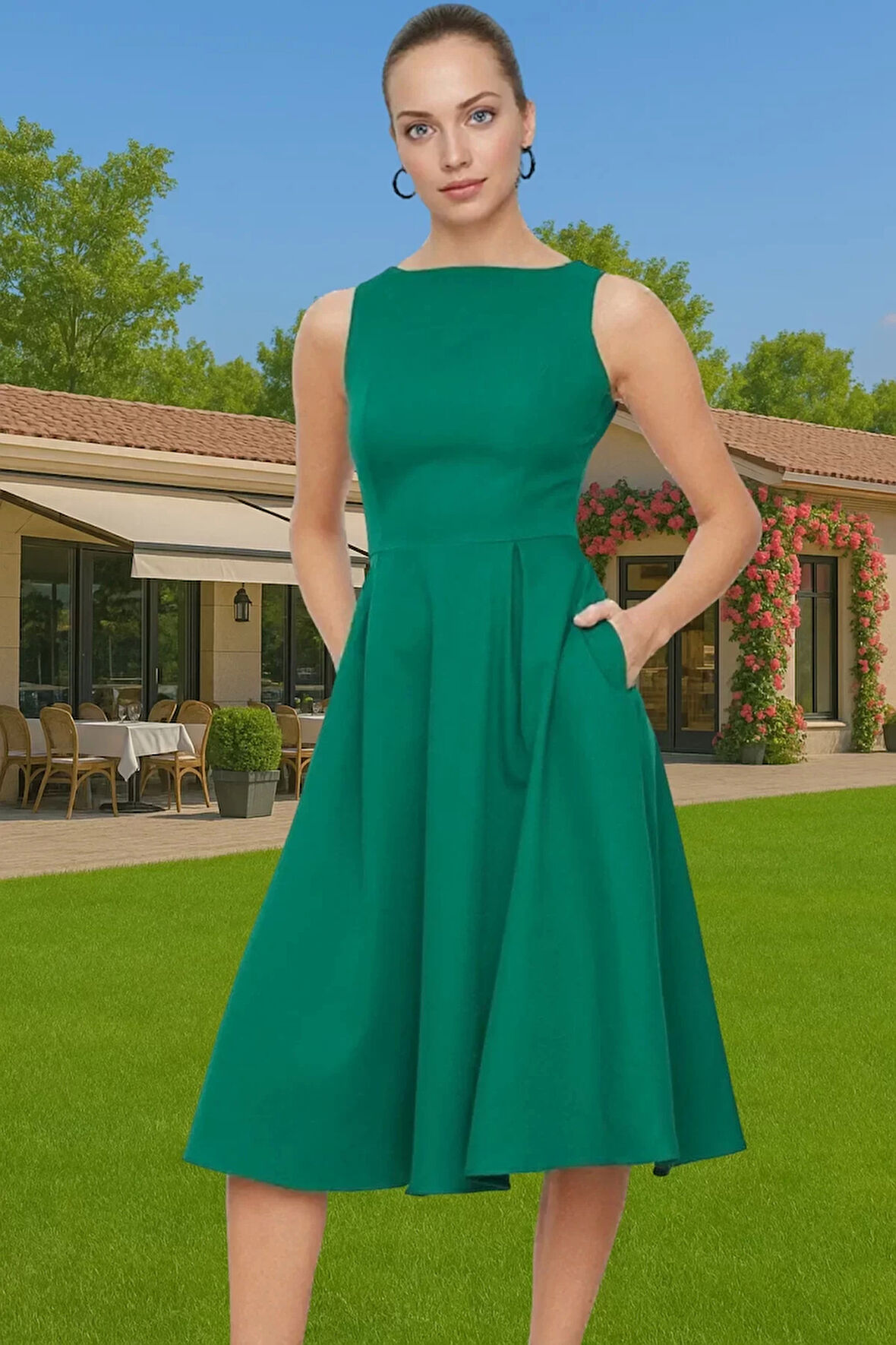 Kadın Bisiklet Yaka Kolsuz Midi Elastan Elbise Uzun Ömürlü Profesyonel Görünüm Zarifane Tasarım