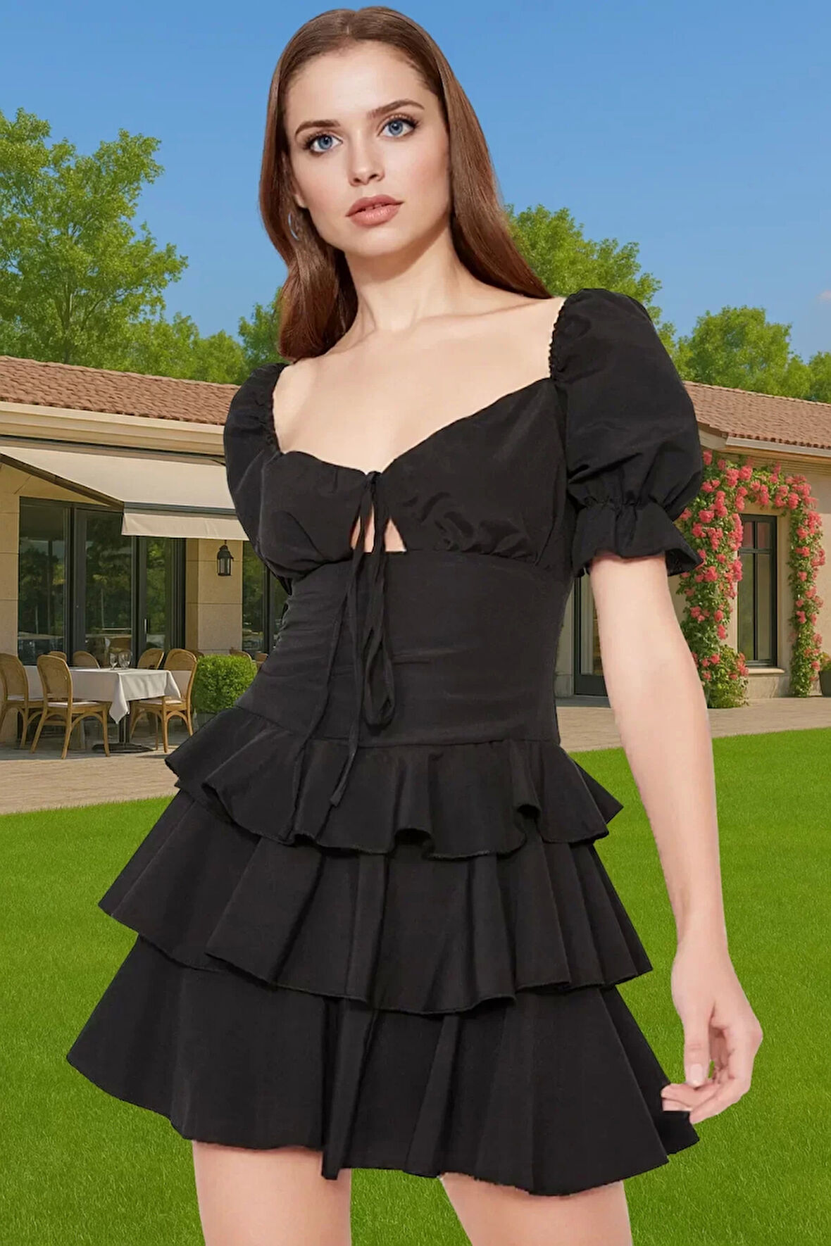 Rahat A Kesim Mini Elbise Kalp Yaka Pamuk Polyester Karışım Mükemmel Uyum Trend Tasarım Uzun Ömürlü