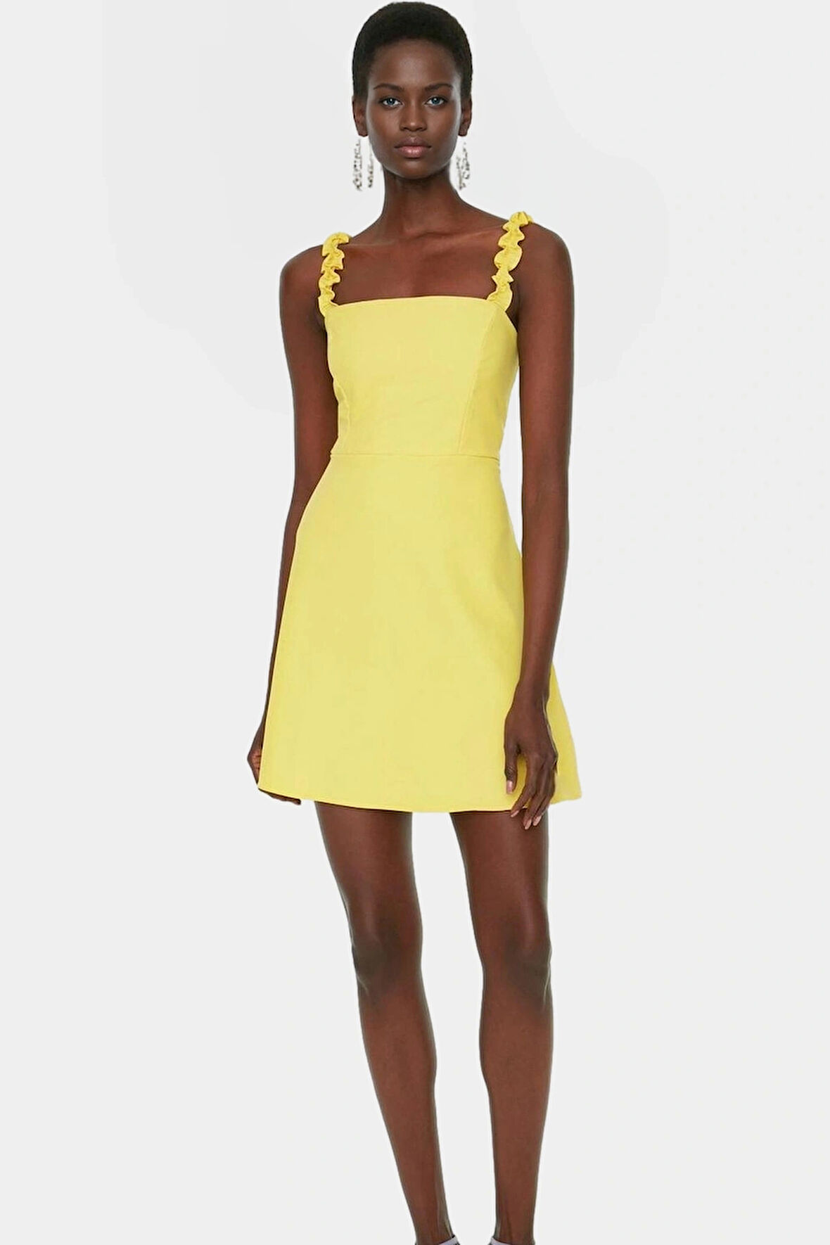 Yazlık Mini Elbise A line Fırfır Detaylı Kare Yaka Polyester Kumaş Modern Stil Trend Tasarım