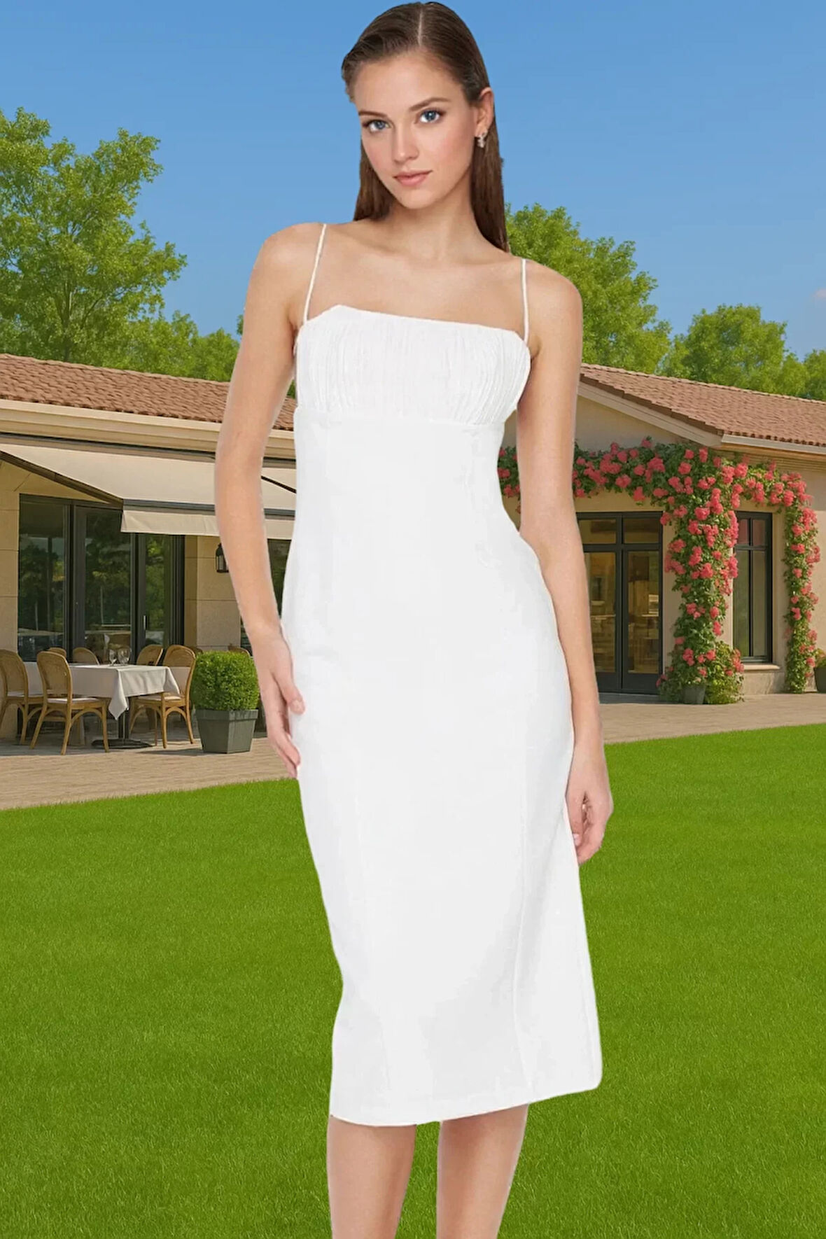 Feminen Bodycon Midi Abiye Elbise Polyester Elastan Kumaş Yazlık Seçkin Malzeme Premium Kalite