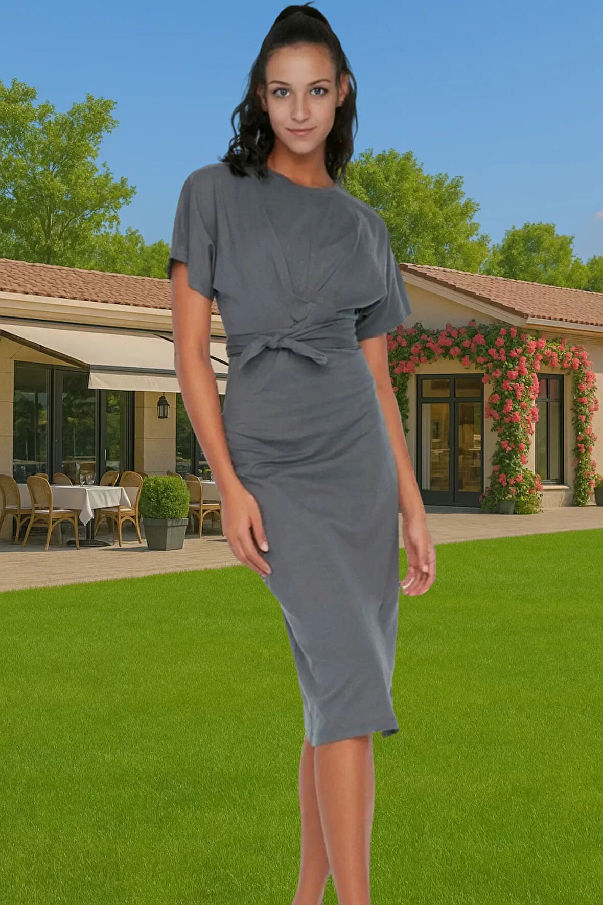 Yazlık Kadın Pamuk Midi Elbise Bodycon Kalıp Bağcıklı Tasarım Modern Stil Profesyonel Görünüm