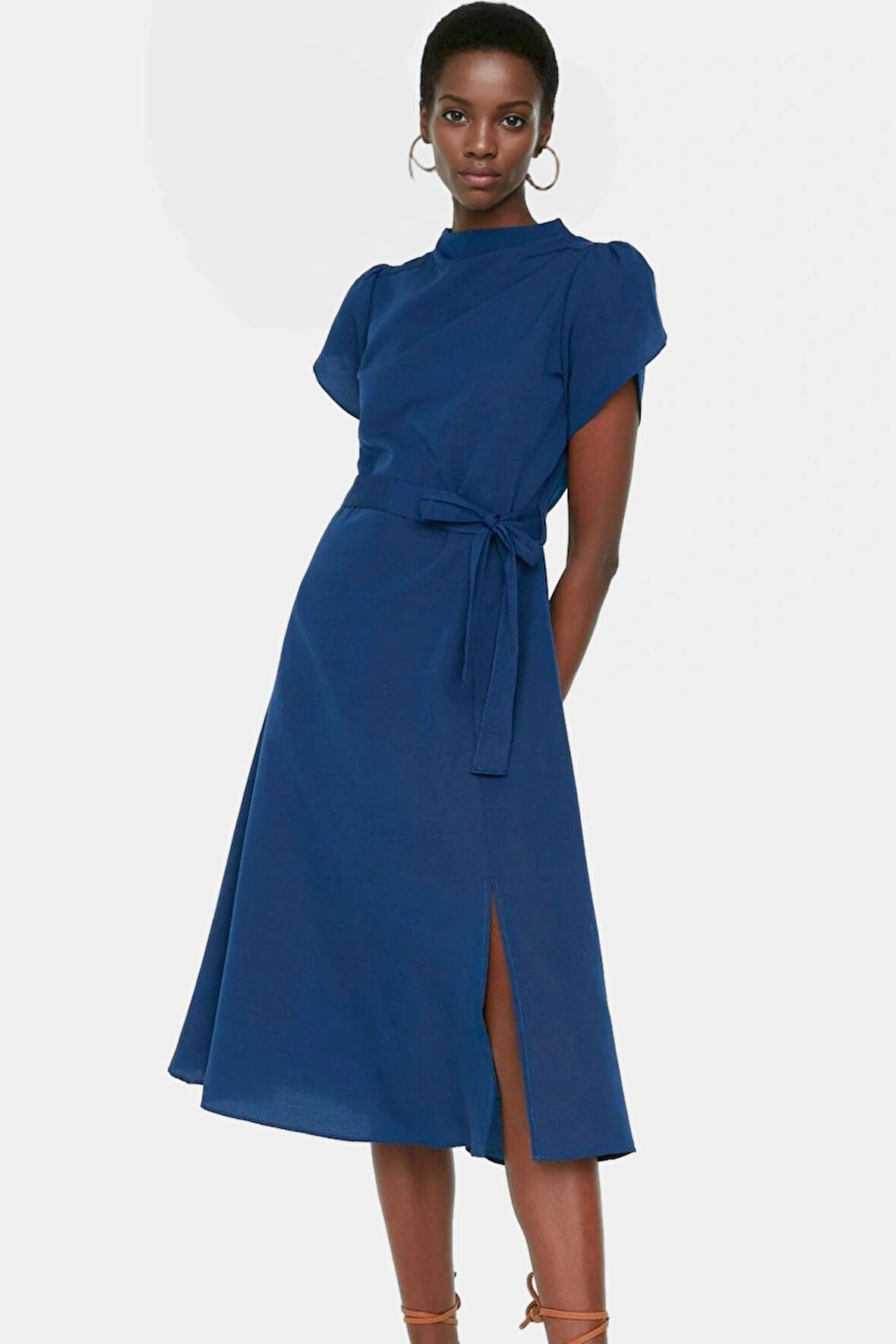 Pamuklu Polyester A Line Midi Elbise Kuşaklı Balon Kol Yazlık Konforlu Kesim Dayanıklı Malzeme