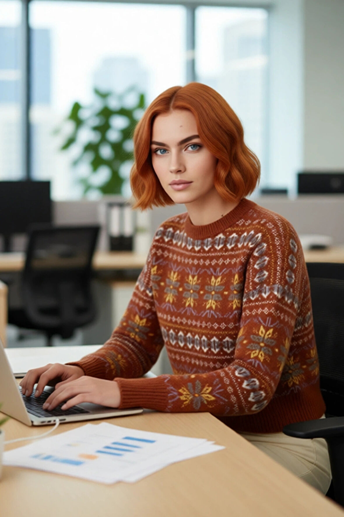 Kadın Oversize Bisiklet Yaka Etnik Desen Triko Kazak Düşük Kol Detayıyla Şık Kış Kombinleri