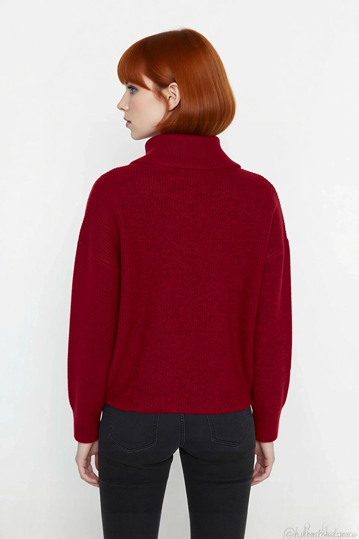 Kadın Oversize Rahat Kesim Düşük Kol Fermuarlı Dik Yaka Triko Selanik Örgü Uzun Kollu Kazak