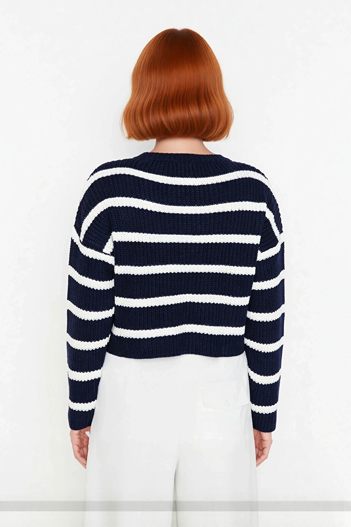 Kadın Crop Boy Akrilik Triko Kazak Bisiklet Yaka Geniş Kalıp Çizgili Soğuk Havalara Uygun Kaliteli