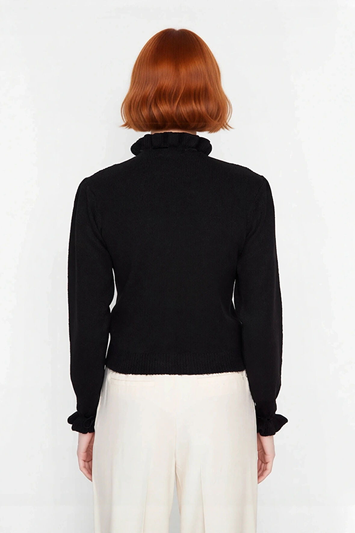 Kadın Casual Regular Kalıp Ajurlu Dik Yaka Bağcıklı Standart Kollu Triko Kazak Soğuk Havalar İçin