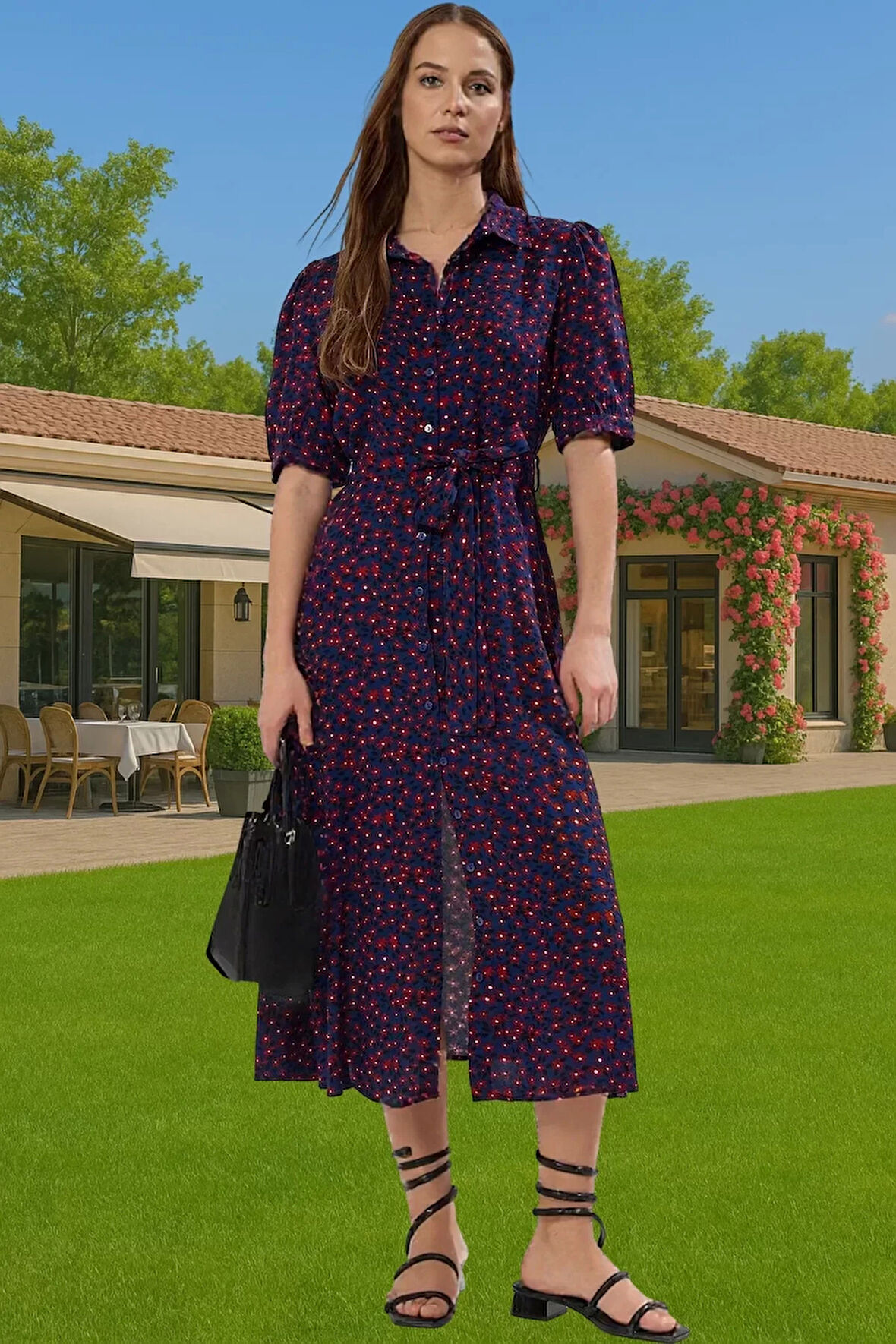 Kadın Yazlık Midi Gömlek Elbise Animal Desenli Viskoz Kumaş Rahat Kalıp Modern Stil Seçkin Malzeme