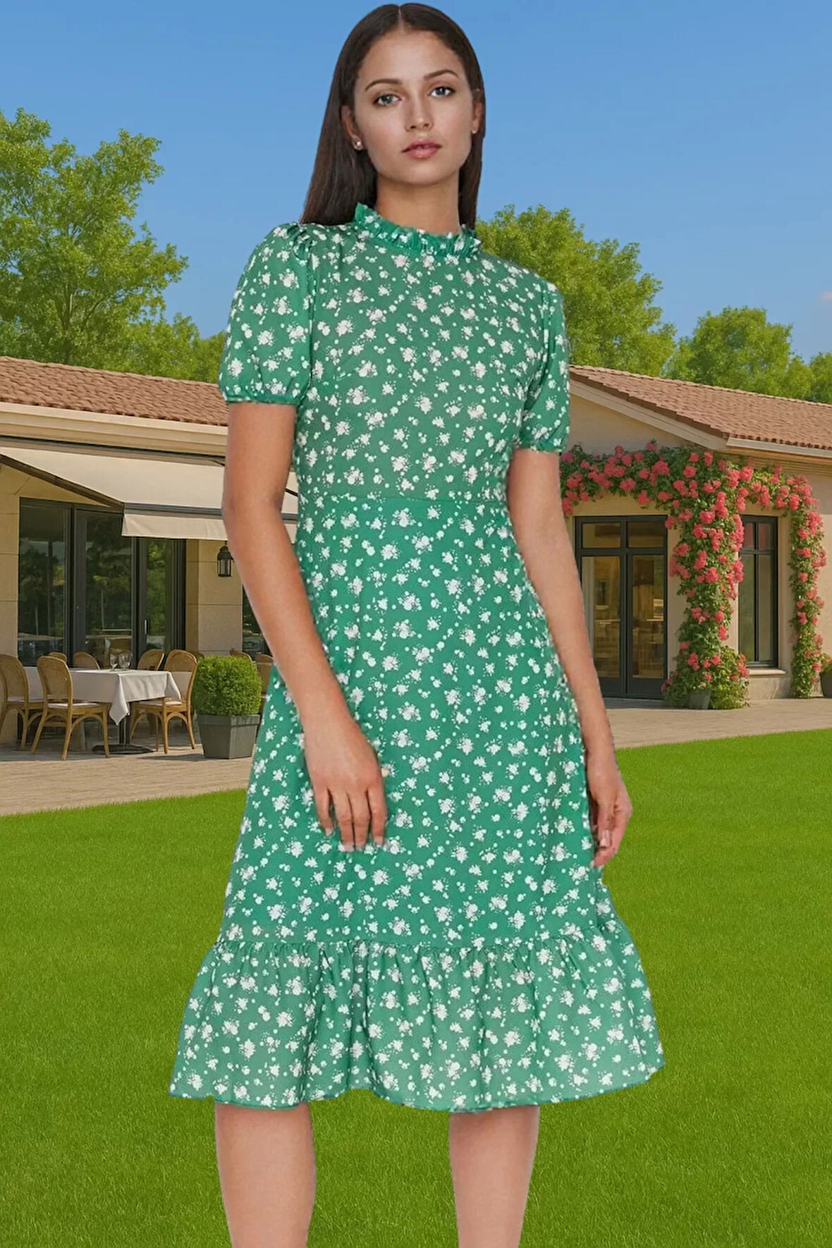 Feminen A Kesim Çiçekli Midi Elbise Polyester Dokuma Kısa Balon Kol Rahat Kullanım Rahat Ve Şık