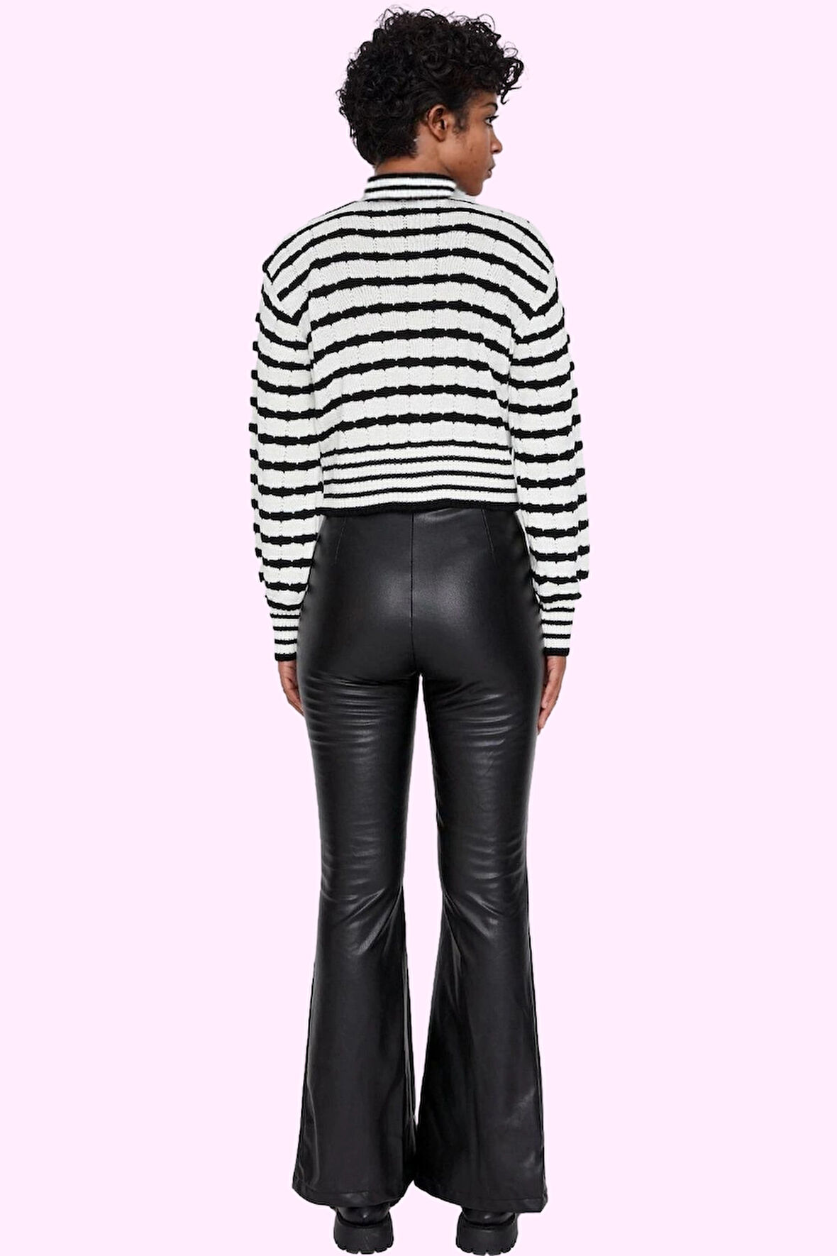 Kadın Şık Flare Pantolon Dokuma Suni Deri Yüksek Bel Günlük Kombinler Yaz Aylarının Vazgeçilmezi