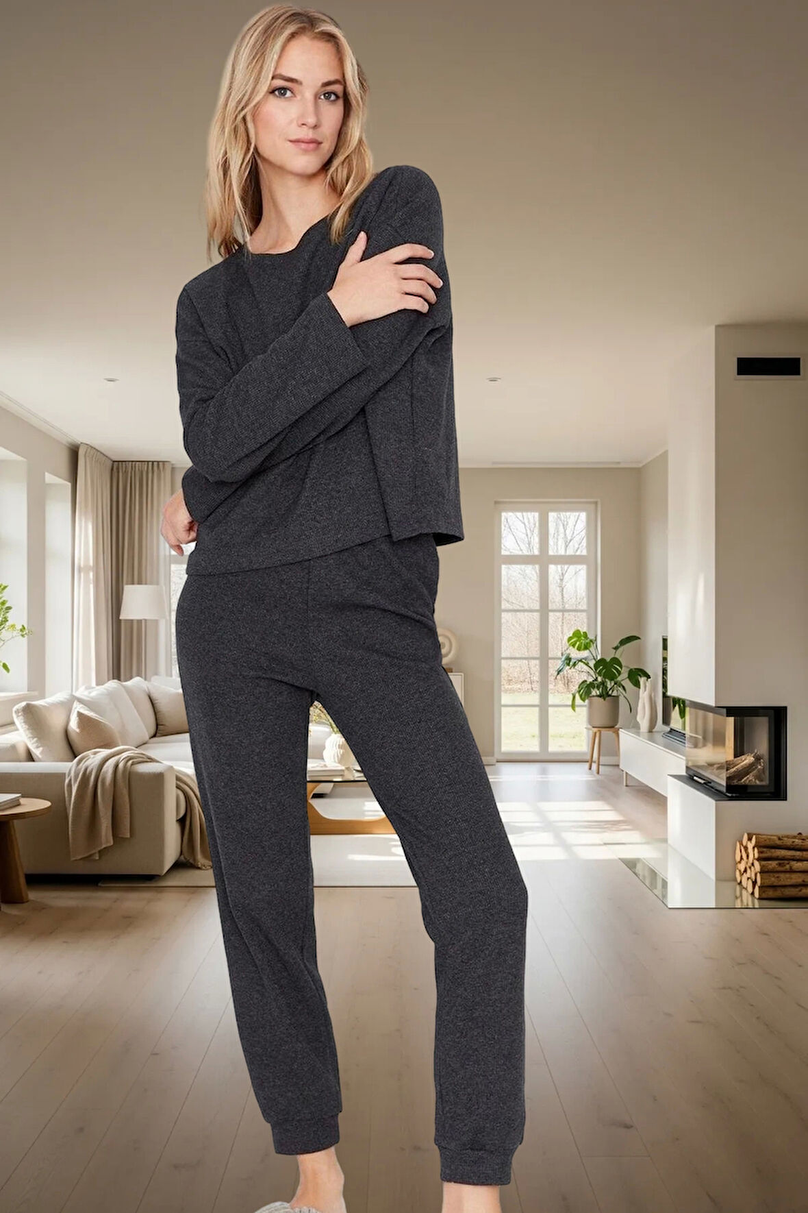 2'li Pijama Takımı Pamuklu Waffle Kumaş Uzun Paça Düşük Kol Kaliteli İşçilik Konforlu Kesim