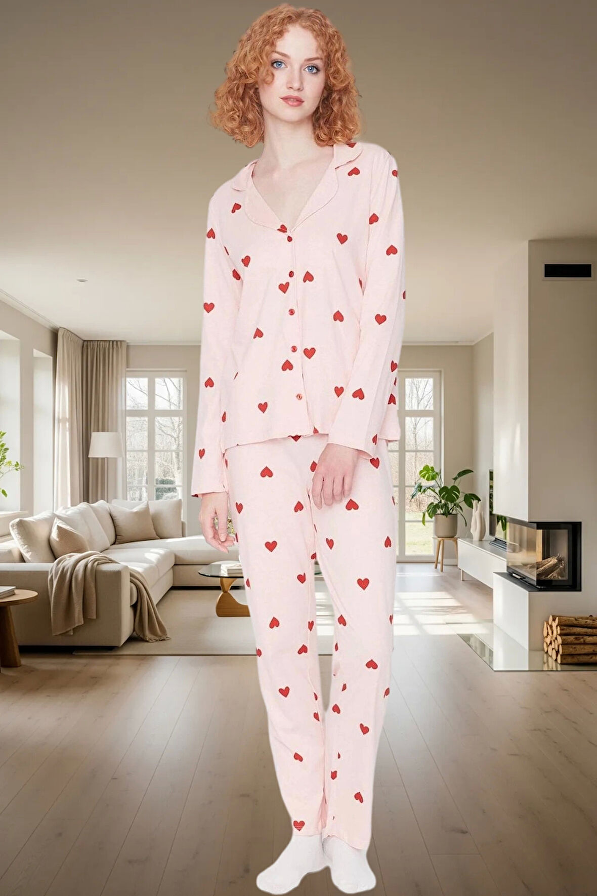 Rahat ve Şık %100 Pamuklu Kalpli Pijama Takımı Kış İçin İdeal Zarifane Tasarım