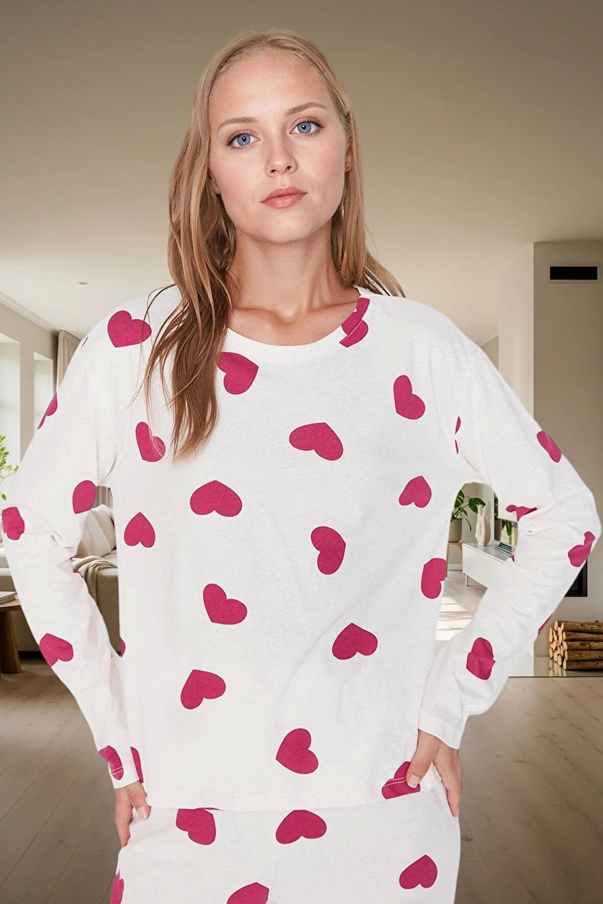 Kışlık Rahatlık 2'li Kalpli Örme Pijama Takımı %100 Pamuk Mükemmel Uyum Özenle Seçilmiş