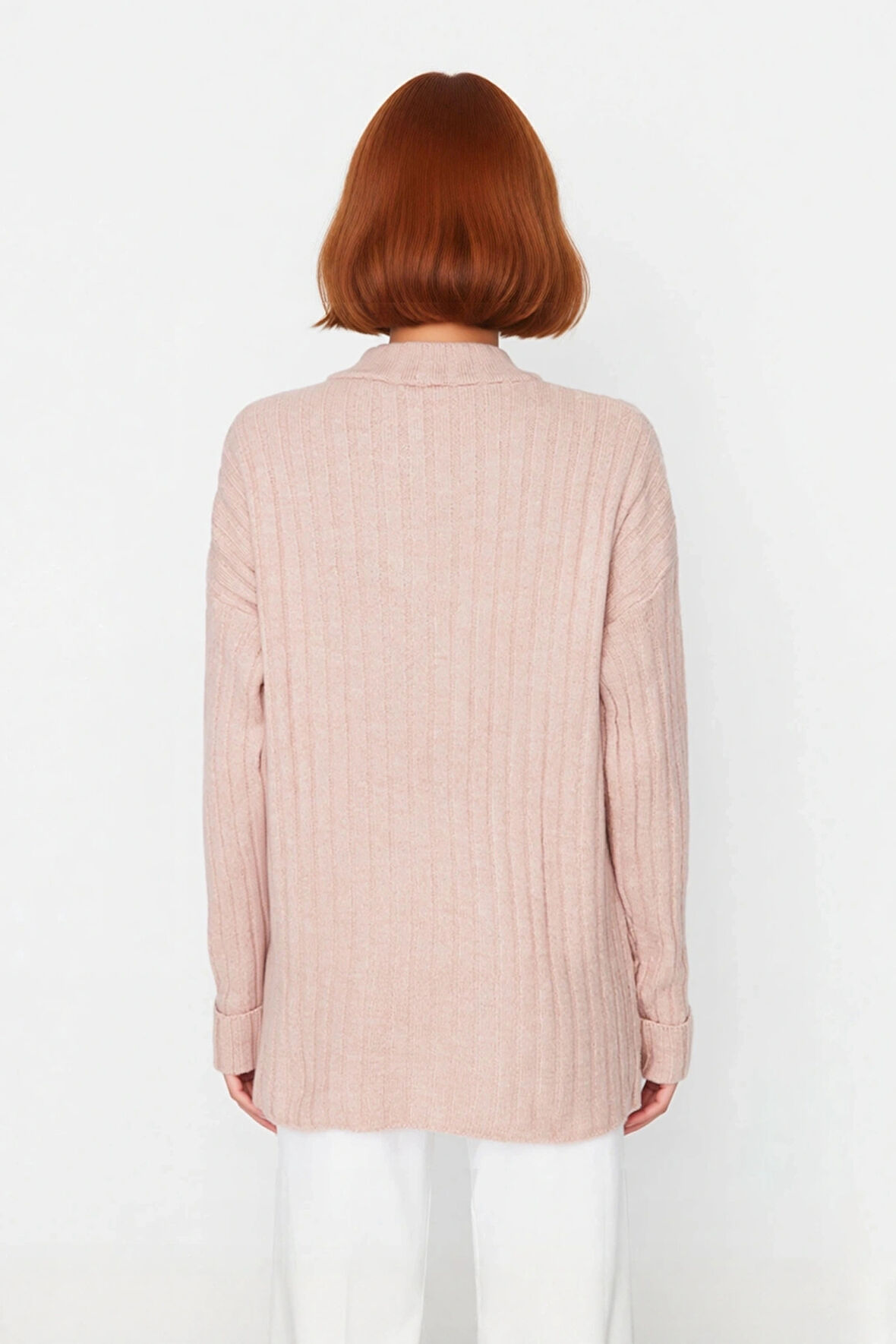 Kadın Ekru Rahat Kalıp Düz Desen Düğmeli Yaka Triko Kazak Sonbahar Kış Gardıropların Yıldızı