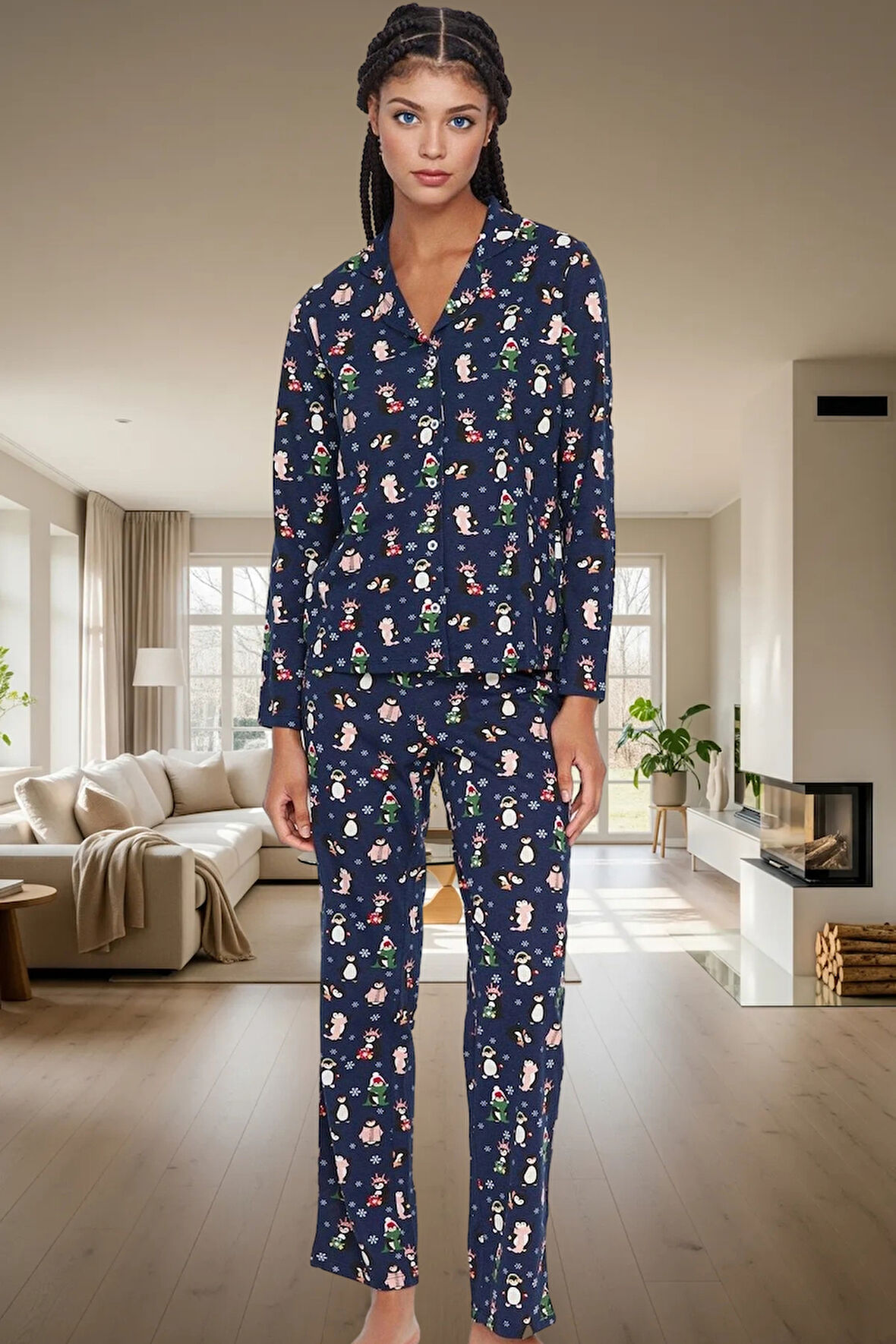 Penguen Desenli Örme Pijama Takımı %100 Pamuk Kışlık Konfor Günlük Kullanım İçin Yüksek Kalite