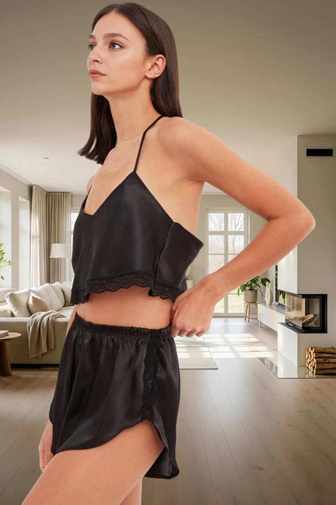 Ev Giyim Seti Saten Şortlu Pijama Takımı Dantel Detaylı Modern Stil Özenle Seçilmiş