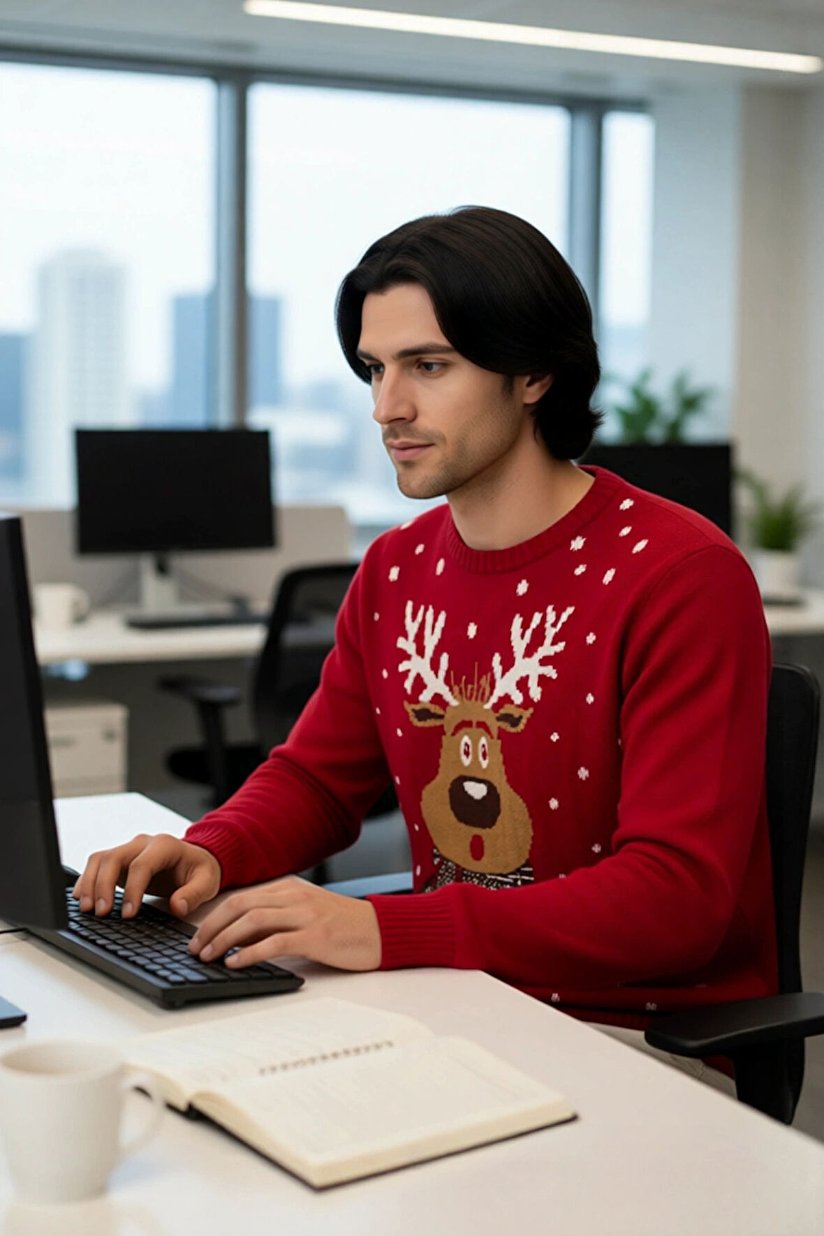 Erkek Regular Fit Bisiklet Yaka Kalın Kırmızı Yılbaşı Temalı Geyik Desenli Triko Kışlık Kazak