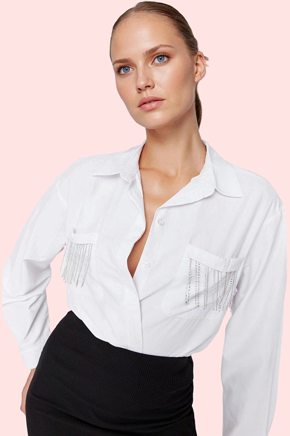 Kadın Düğmeli Uzun Kollu Poplin Gömlek; Oversize Kalıp; Şık Gece Kombinleri Günlük Kullanım