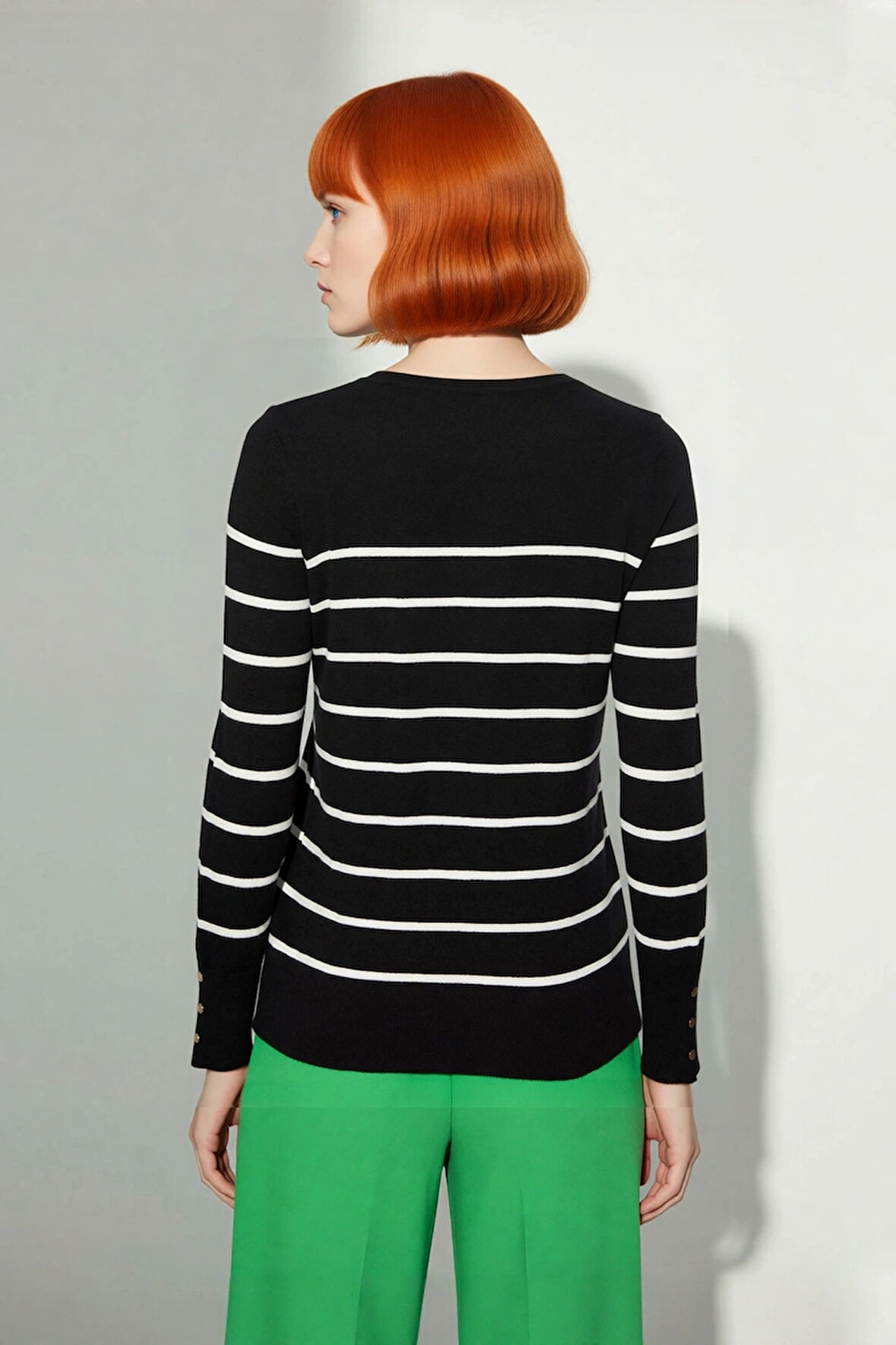 Kadın Modern Ekru Çizgili Bisiklet Yaka Fitted Kesim Triko Kazak İlkbahar Sonbahar Konforu