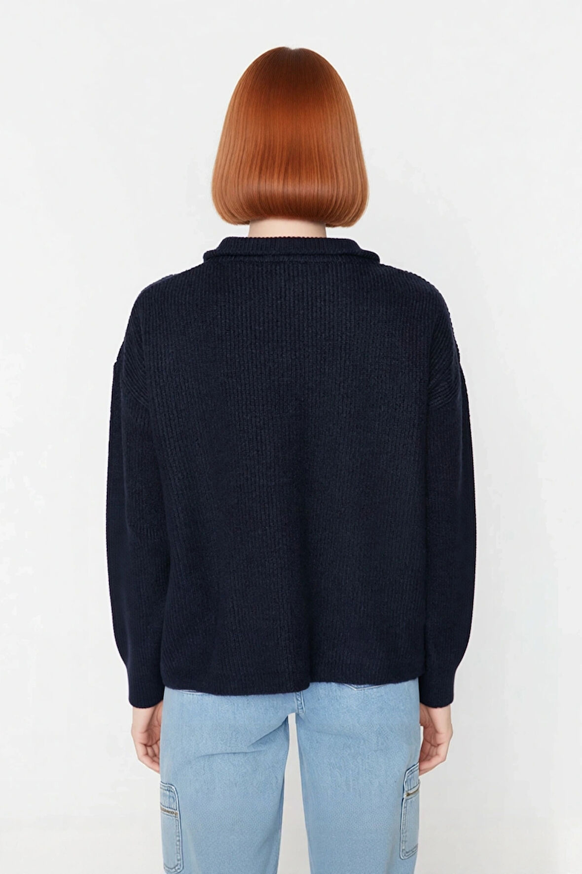 Kadın Oversize Rahat Kesim Düşük Kol Fermuarlı Dik Yaka Triko Selanik Örgü Uzun Kollu Kazak