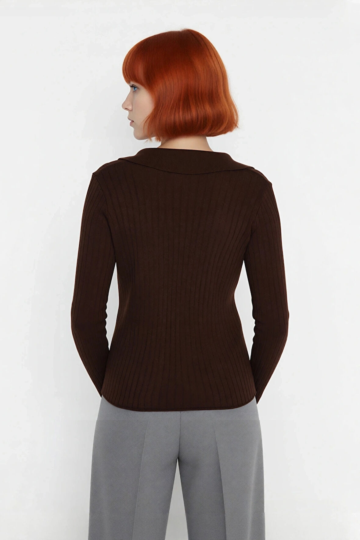 Kadınlar İçin Uzun Kollu Regular Fitilli Triko Kazak Polo Yaka Detaylı Kışlık Şık Görünüm Kaliteli