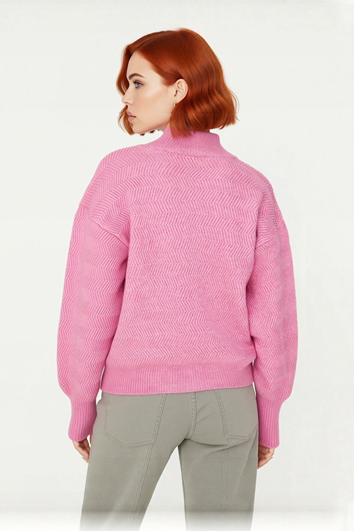 Kadın Oversize Kışlık Triko Kazak Dik Yaka Balon Kol Detaylı Zigzag Desenli Günlük Şıklık Kaliteli