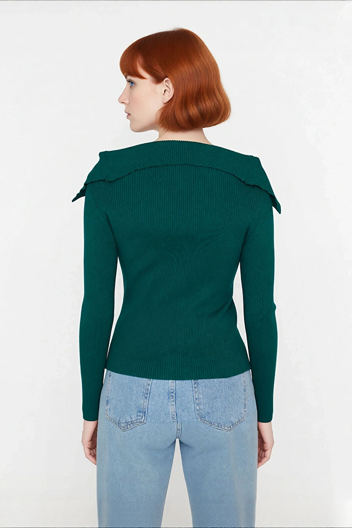 Kadın Modern Fitted Triko Bluz Devrik Carmen Yaka İnce Fitilli Dokuma Uzun Kol Crop Tasarım