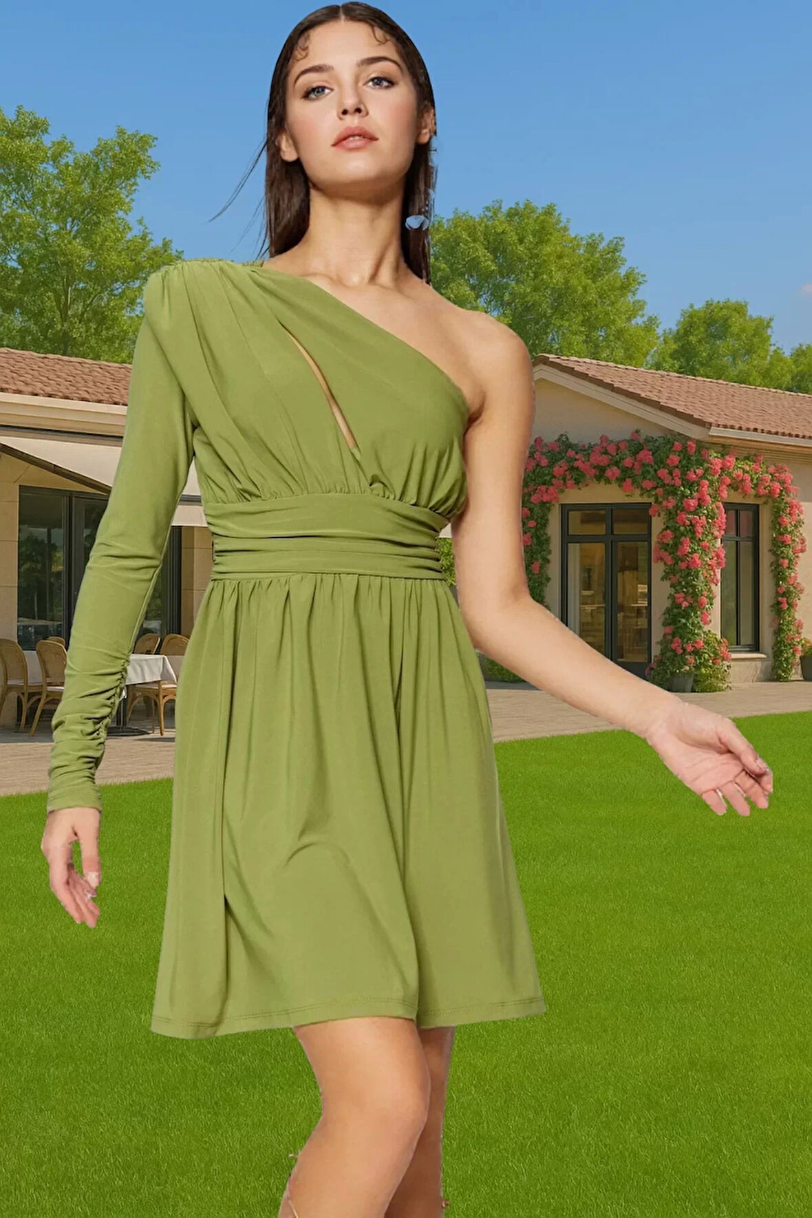 Sandy Dokuma Tek Omuz A Kesim Mini Elbise Polyester Karışımlı Cut Out Detaylı Dayanıklı Malzeme