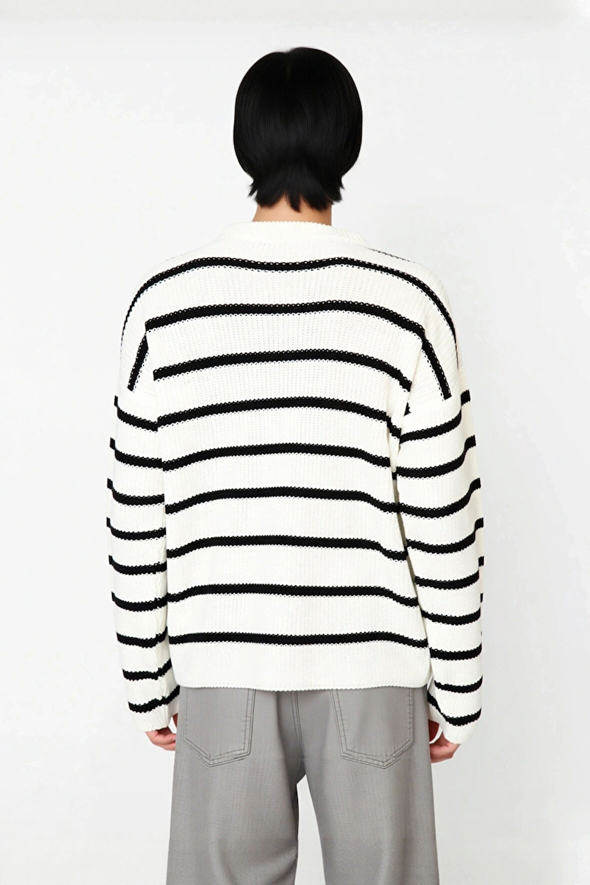 Casual Erkek Kalın Triko Dokulu Bisiklet Yaka Çizgili Oversize Selanik Kışlık Kazak Modeli