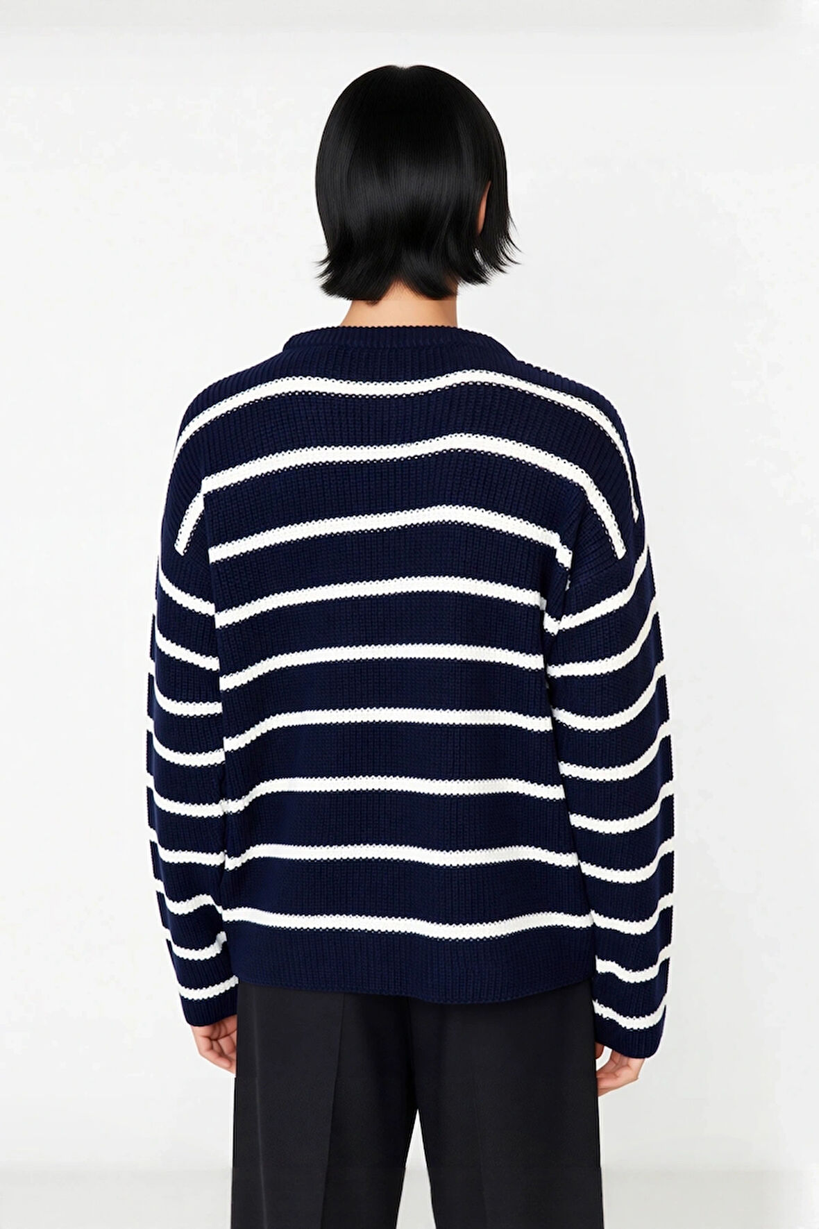 Casual Erkek Kalın Triko Dokulu Bisiklet Yaka Çizgili Oversize Selanik Kışlık Kazak Modeli