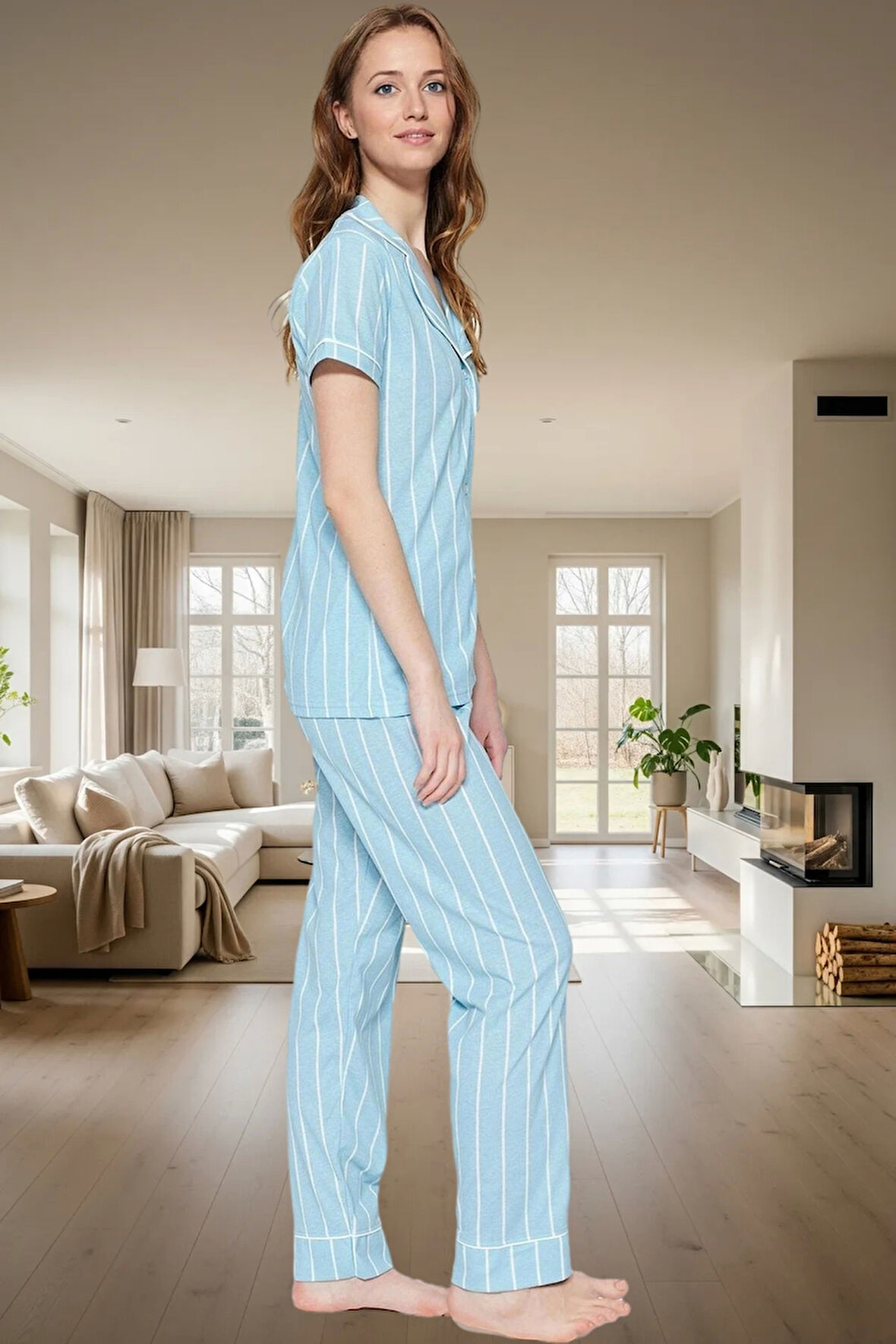 Çizgili Homewear Pijama Takımı Pamuk ve Polyester Karışımı Yüksek Kalite Mükemmel Uyum