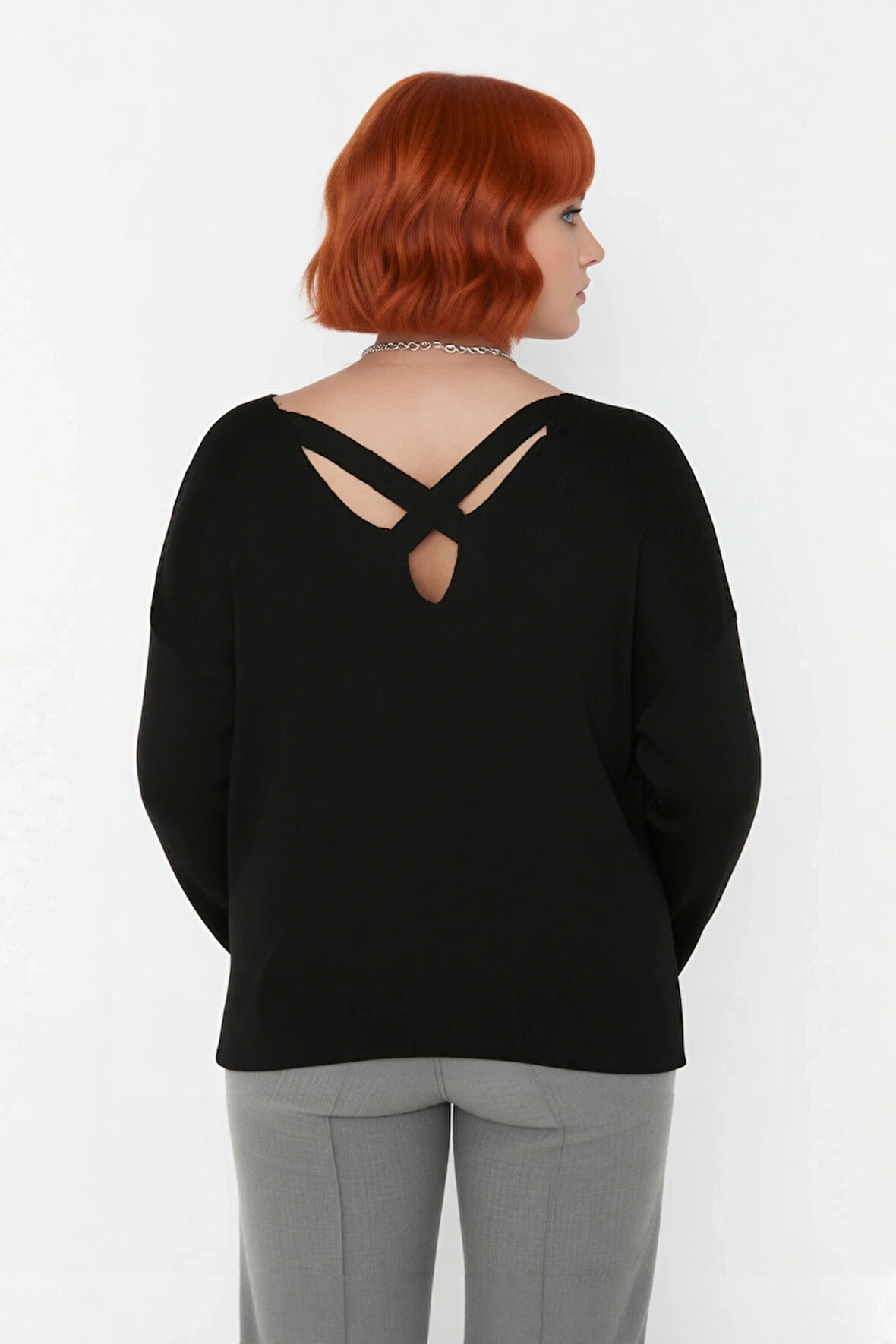 Kadın Büyük Beden Düz Desen Triko Kazak Rahat Kalıp Düşük Kol Bisiklet Yaka Kış Şıklığı Kaliteli