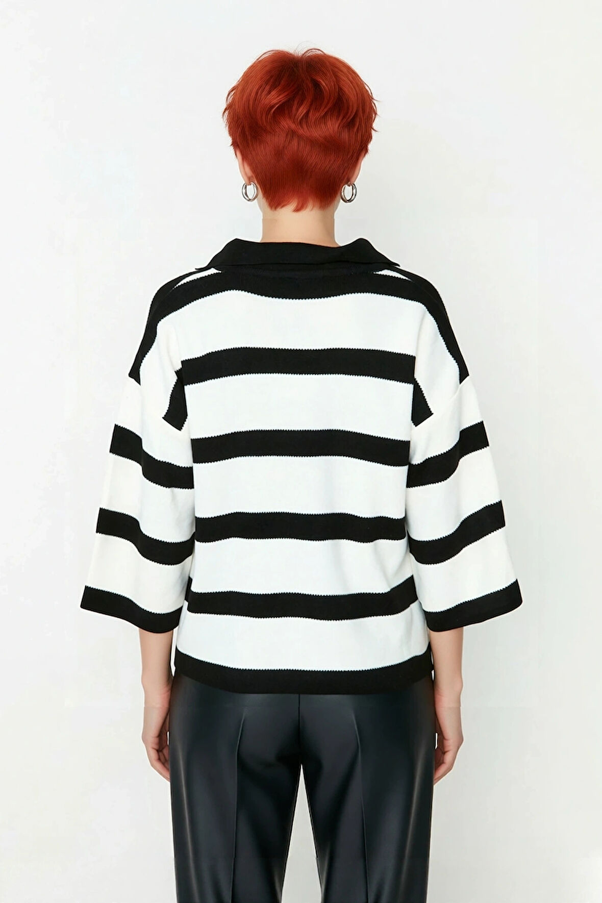 Kadın Regular Kalıp Çizgili Polo Yaka Triko Kazak İlkbahar Sonbahar İçin İdeal Basic Tasarım