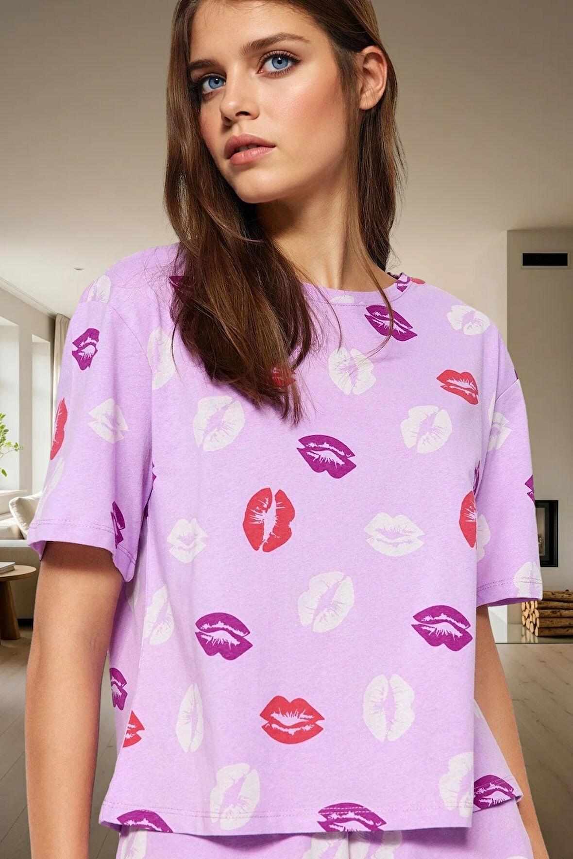 Pamuklu Dudak Desenli Örme Pijama Takımı Yazlık Rahat 2'li Set Premium Kalite