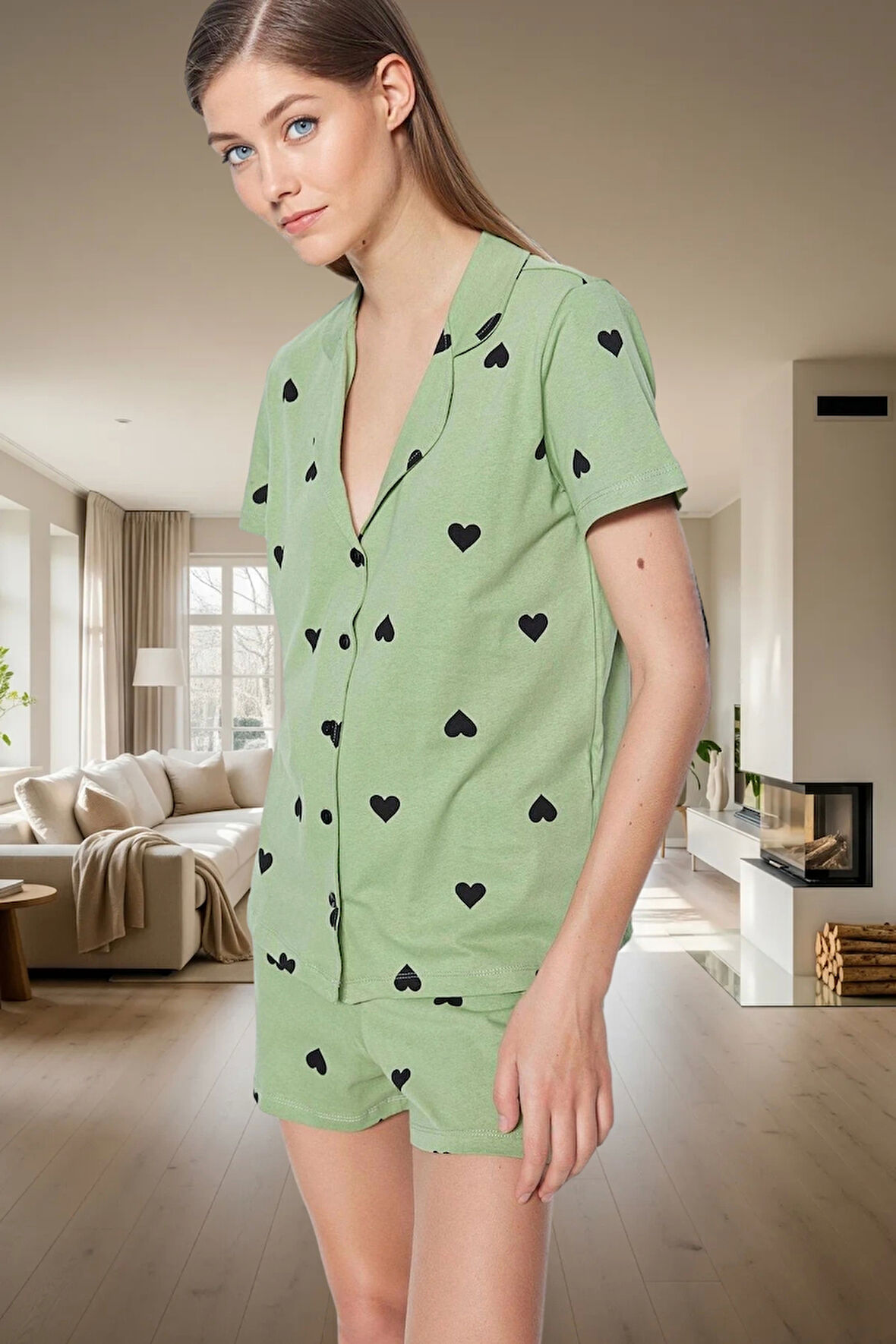 Rahat ve Şık Pamuklu Pijama Takımı Kalpli Desen 2 Parça Yaz Mevsimi Kullanım