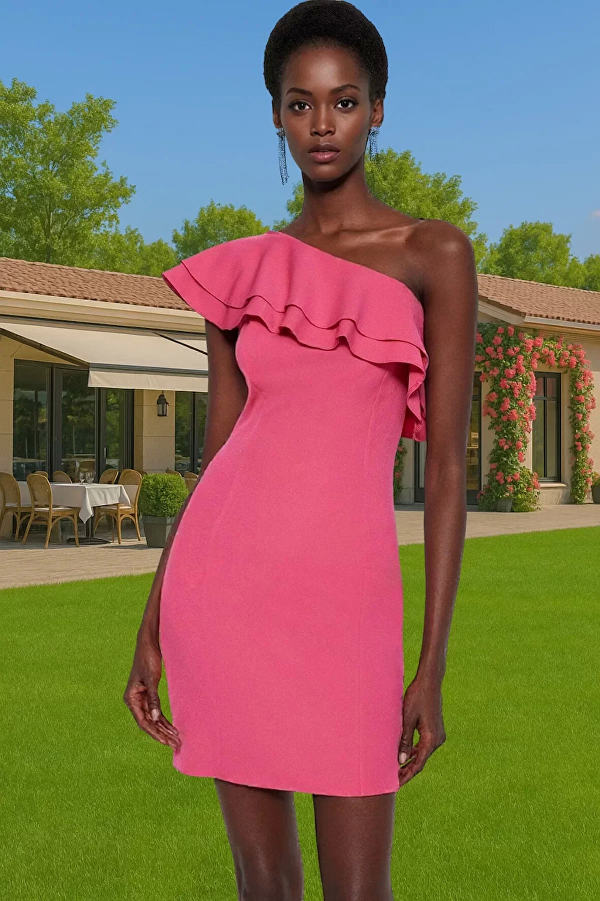 Bodycon Tek Omuz Mini Elbise Polyester Elastan Finike Yazlık Özel Tasarım Zarifane Tasarım